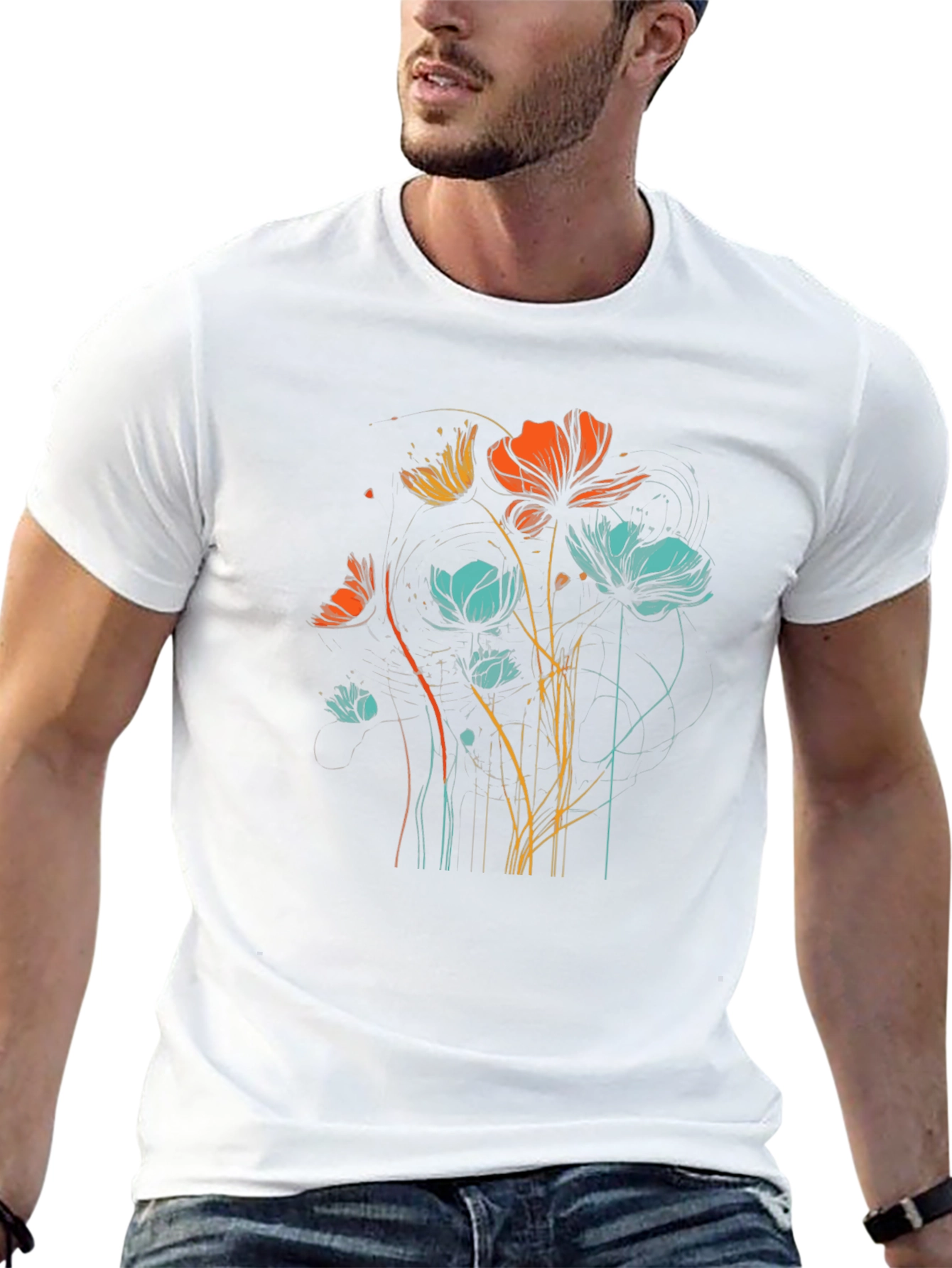 Floral Line Art Graphic Black T-Shirt