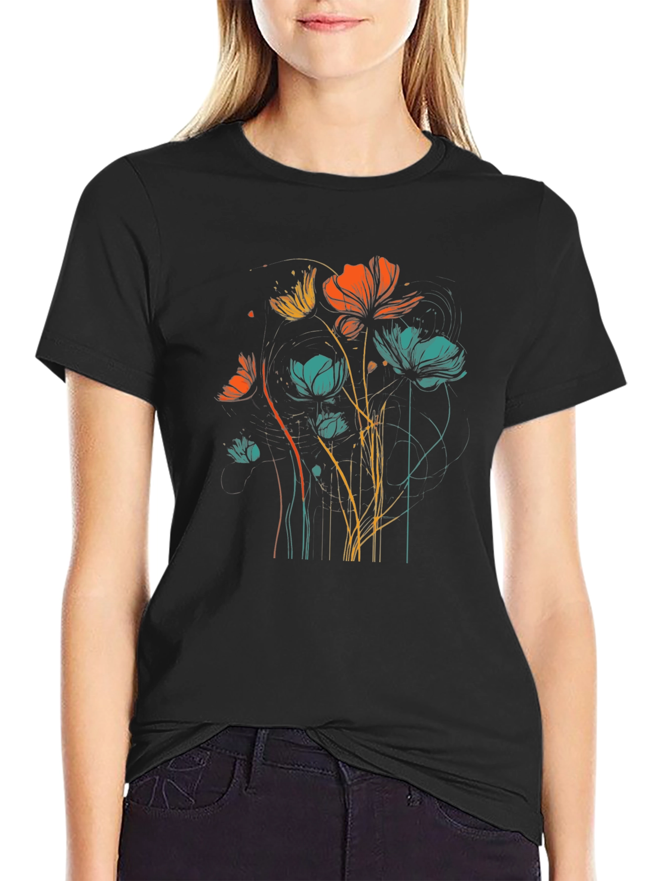 Floral Line Art Graphic Black T-Shirt
