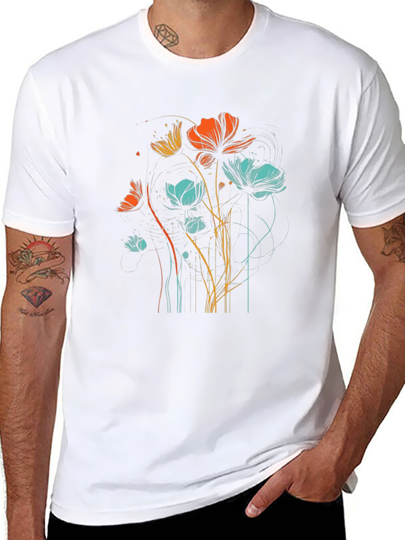 Floral Line Art Graphic Black T-Shirt