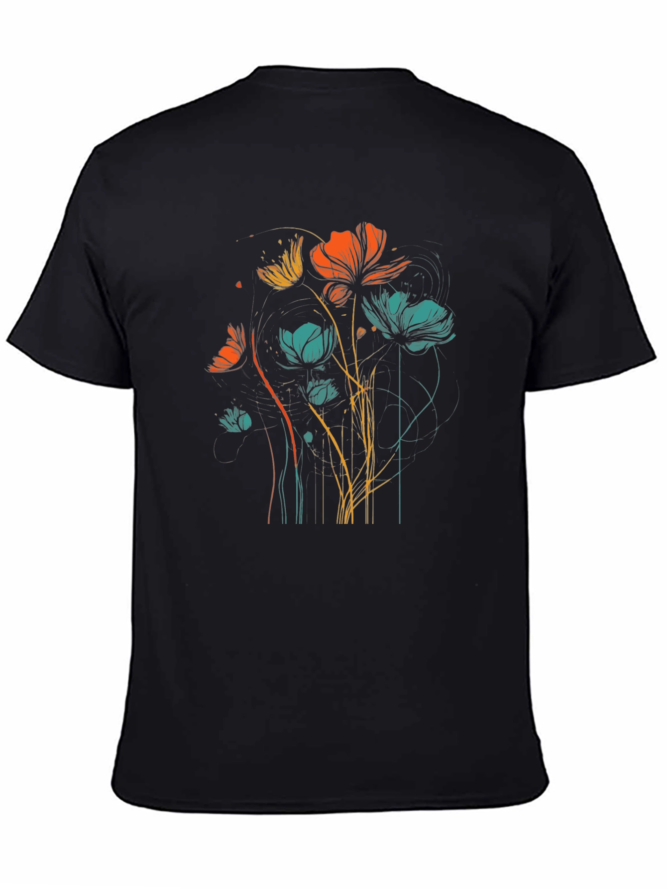 Floral Line Art Graphic Black T-Shirt