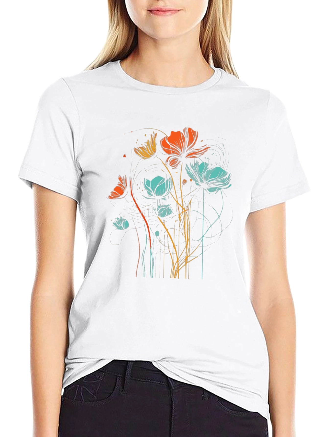 Floral Line Art Graphic Black T-Shirt