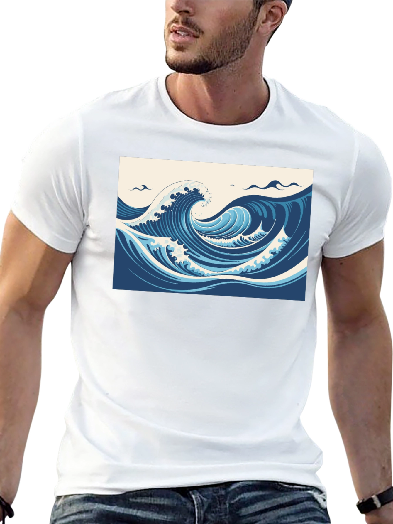 Ocean Wave Graphic Tee - Black Cotton T-Shirt