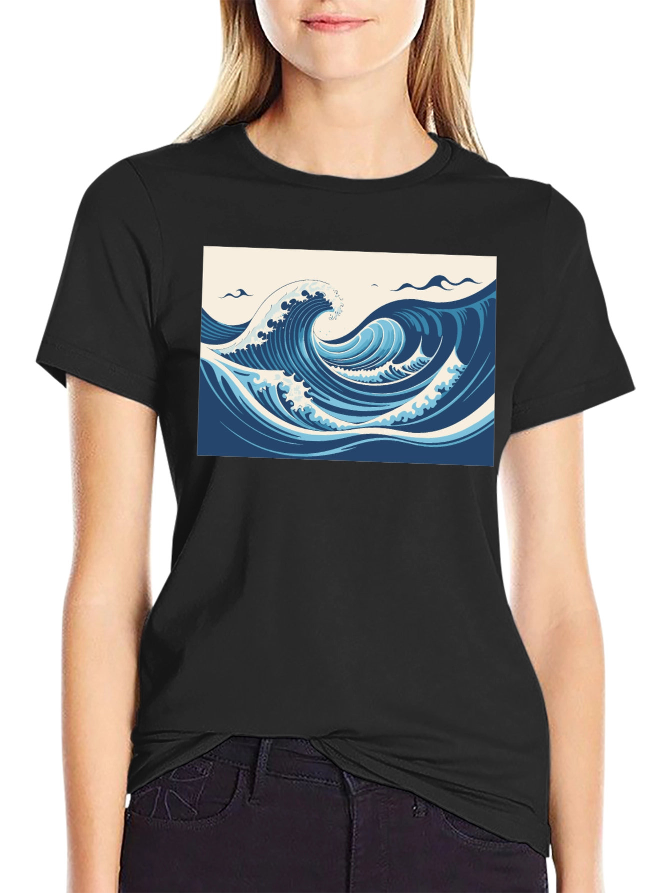 Ocean Wave Graphic Tee - Black Cotton T-Shirt