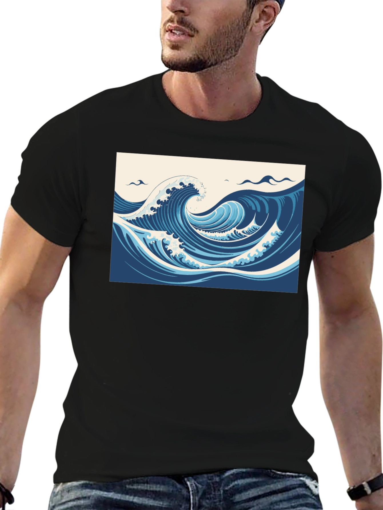 Ocean Wave Graphic Tee - Black Cotton T-Shirt