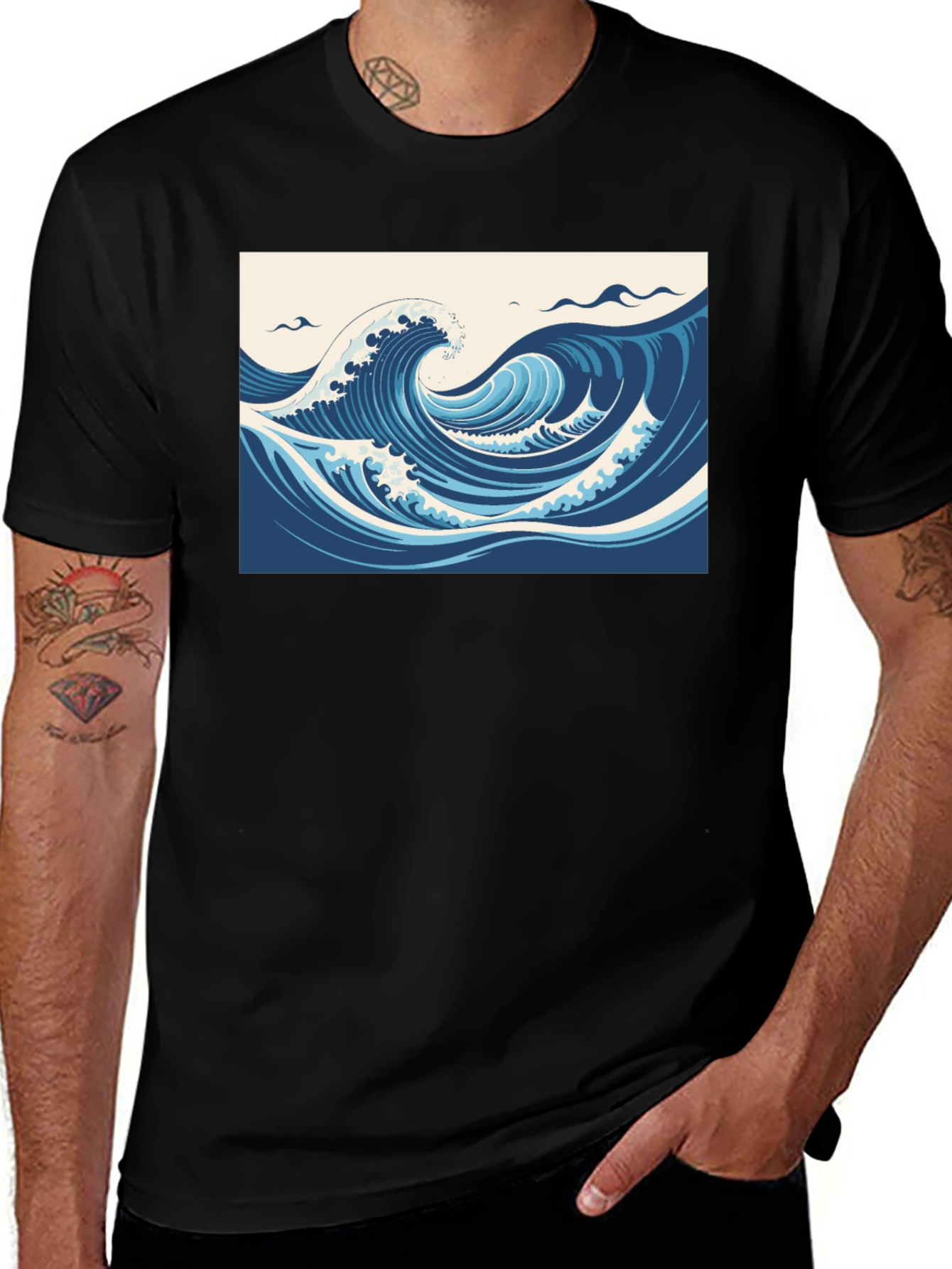 Ocean Wave Graphic Tee - Black Cotton T-Shirt