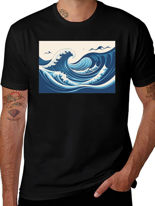Ocean Wave Graphic Tee - Black Cotton T-Shirt