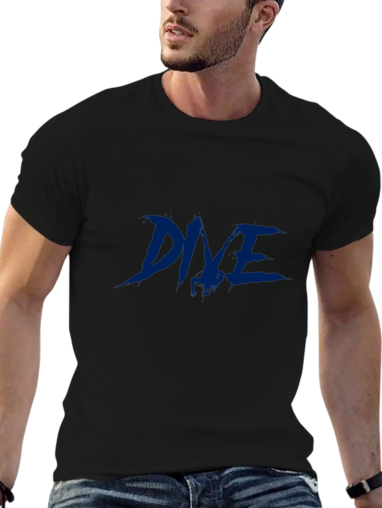 Mens Black T-Shirt with Blue Graphic Print