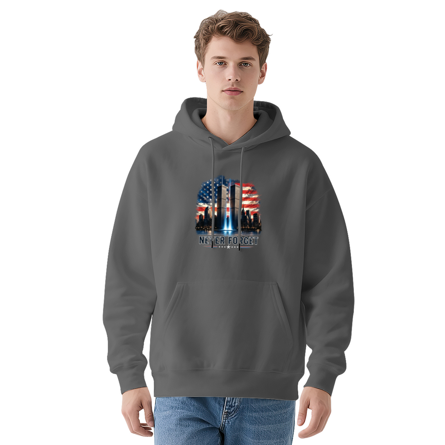 Never Forget American Flag Twin Towers Night View 9/11 Hoodie
