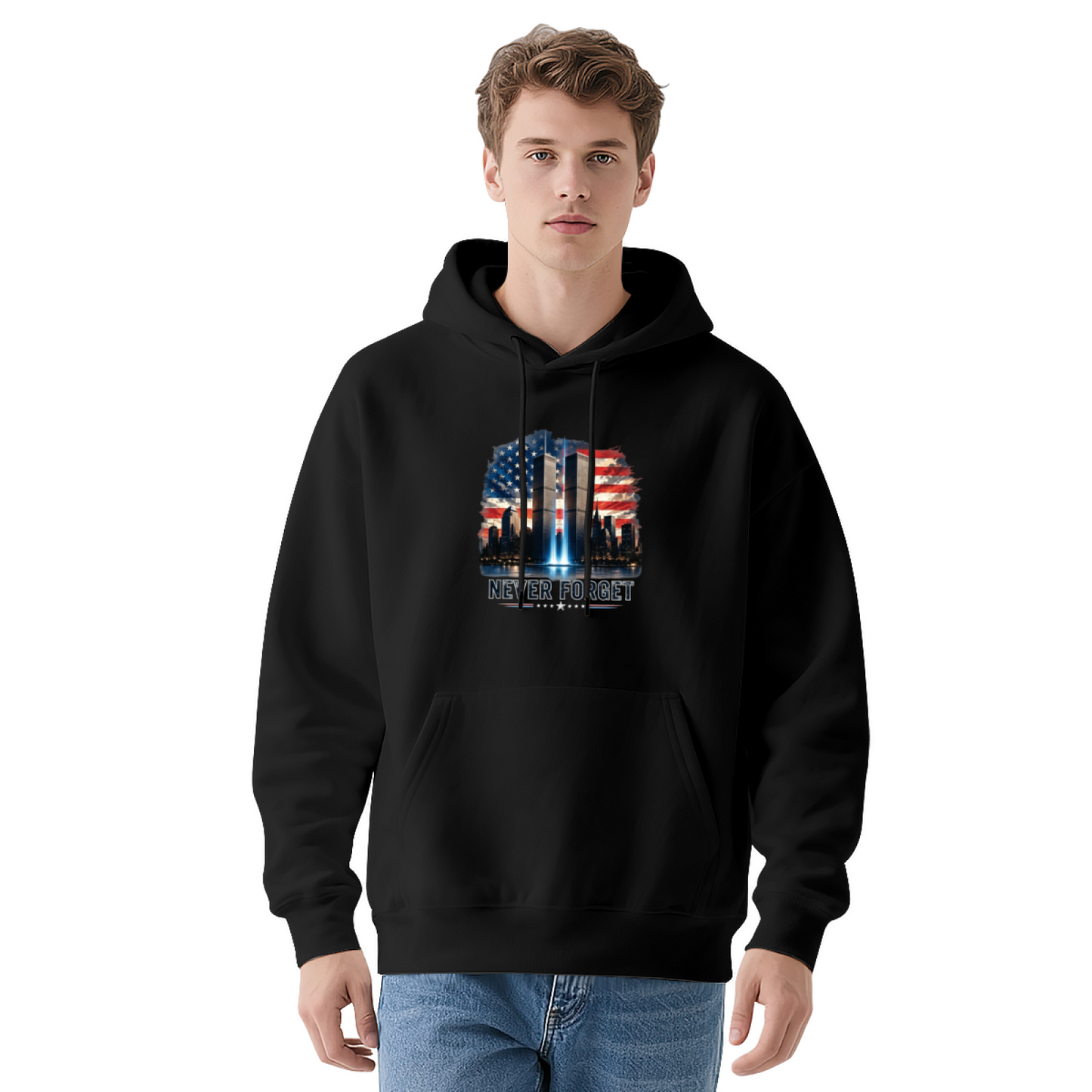 Never Forget American Flag Twin Towers Night View 9/11 Hoodie
