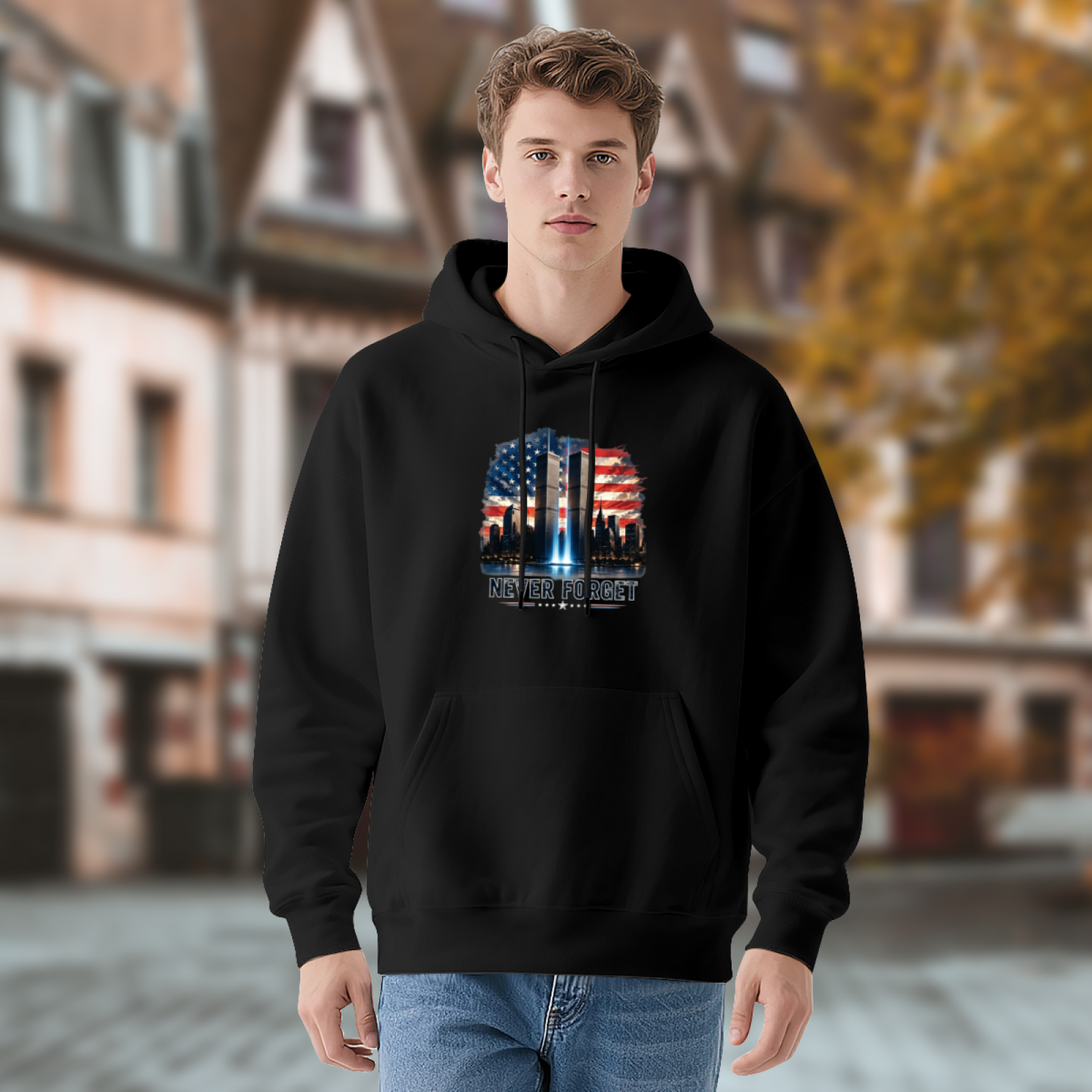 Never Forget American Flag Twin Towers Night View 9/11 Hoodie
