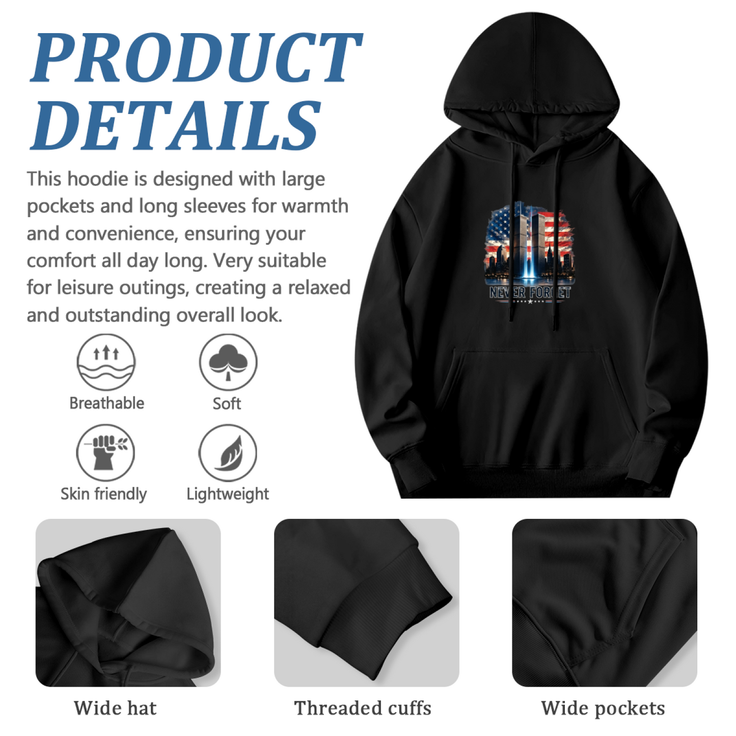 Never Forget American Flag Twin Towers Night View 9/11 Hoodie
