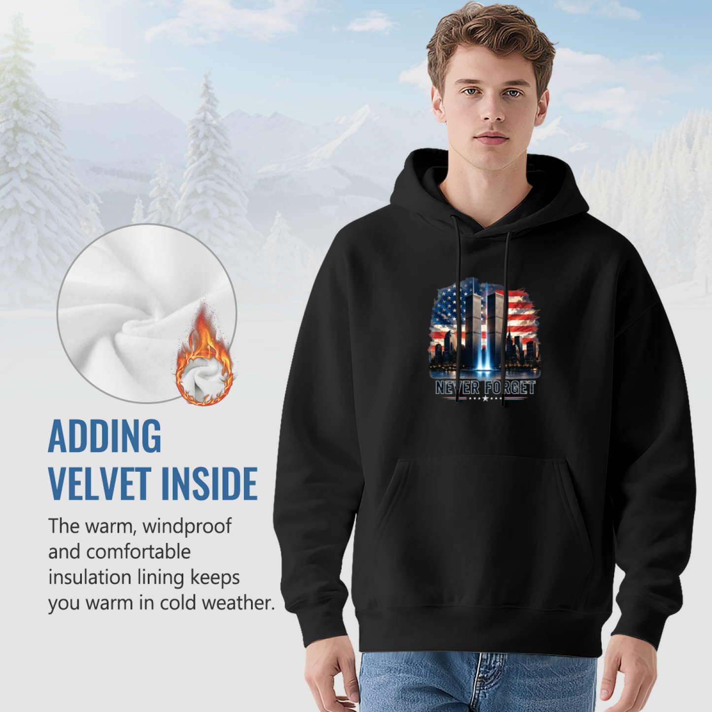 Never Forget American Flag Twin Towers Night View 9/11 Hoodie