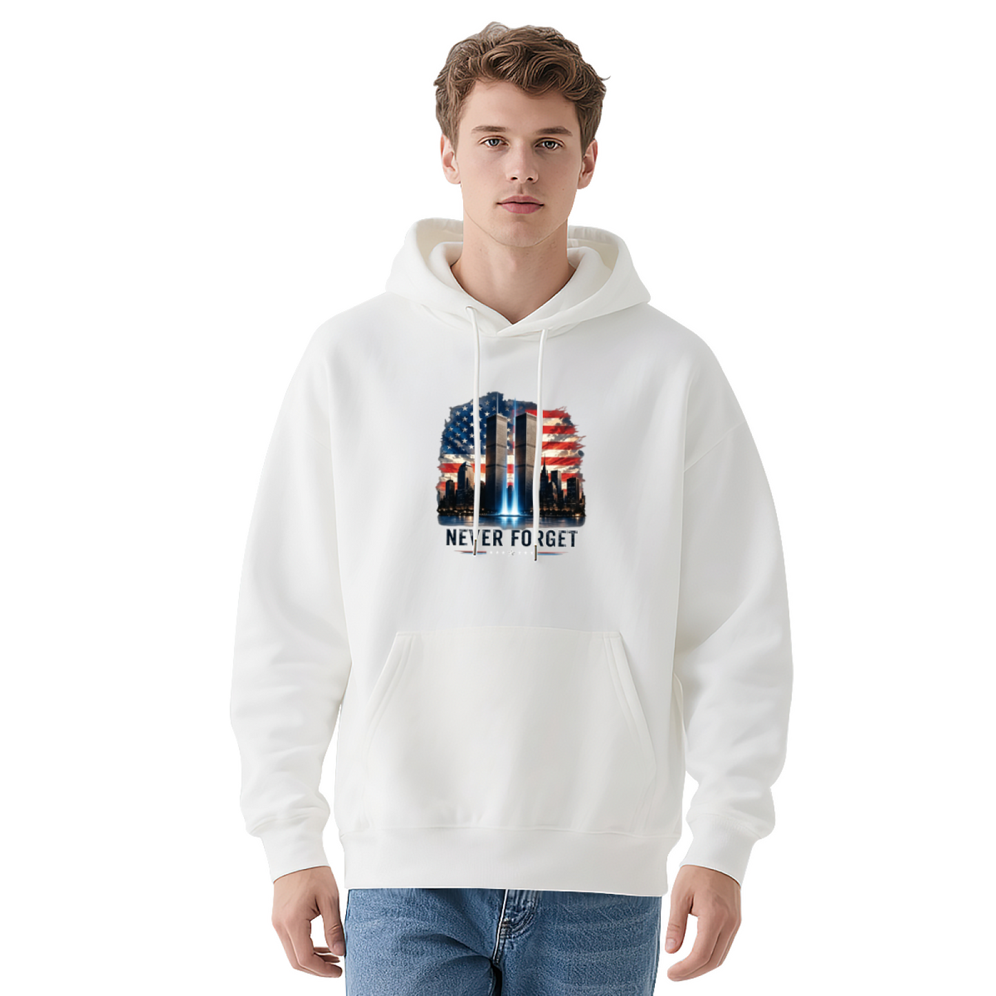 Never Forget American Flag Twin Towers Night View 9/11 Hoodie