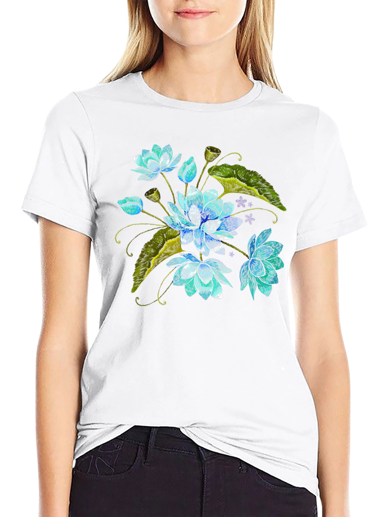 Lotus Flower Embroidered Graphic Tee