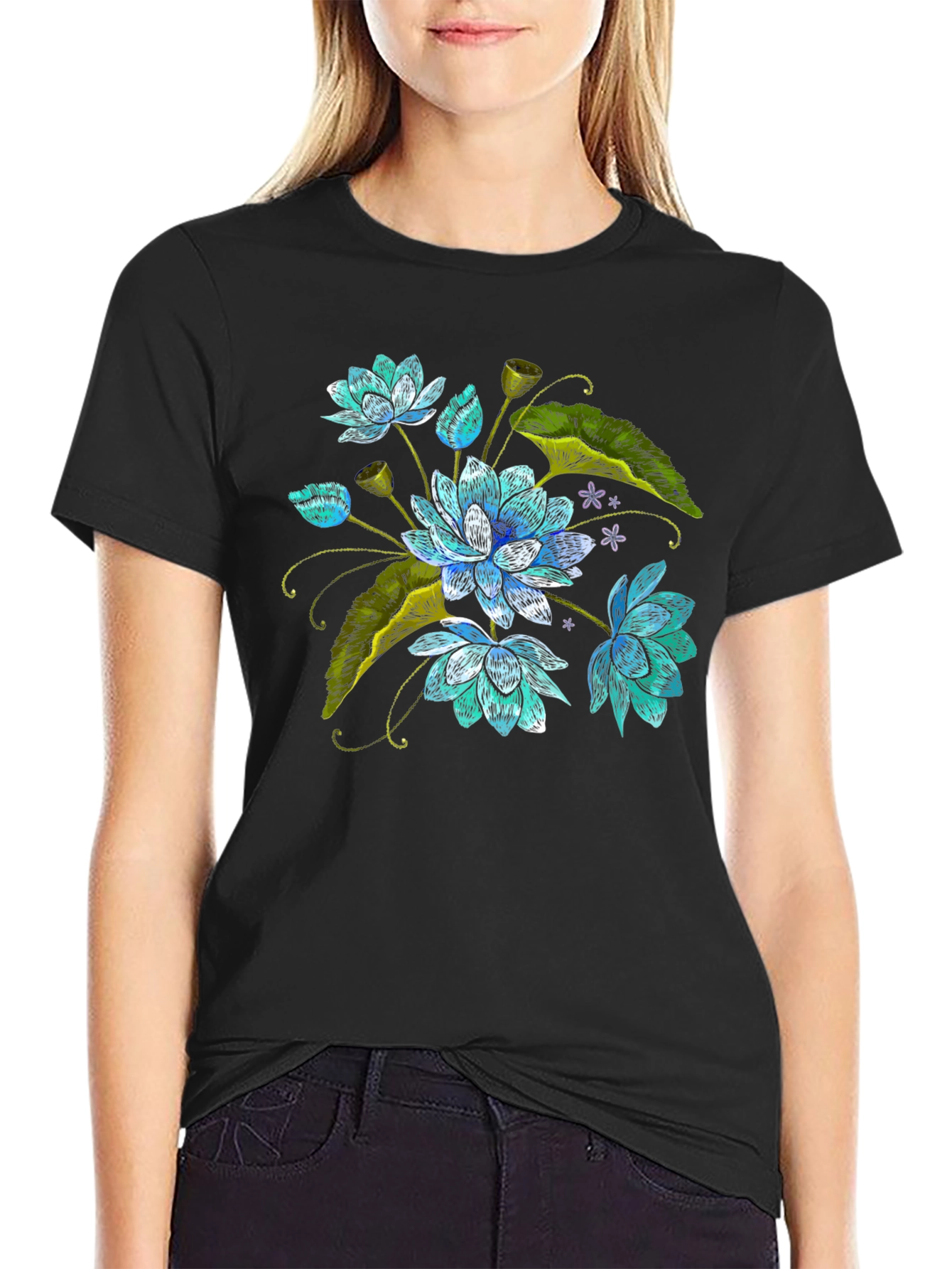 Lotus Flower Embroidered Graphic Tee