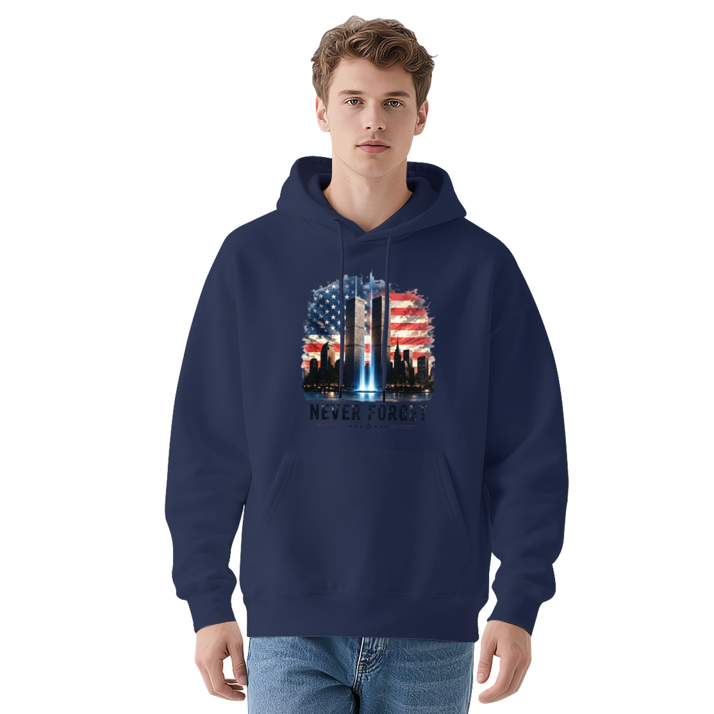 Never Forget 9/11 Watercolor American Flag Twin Towers Hoodie