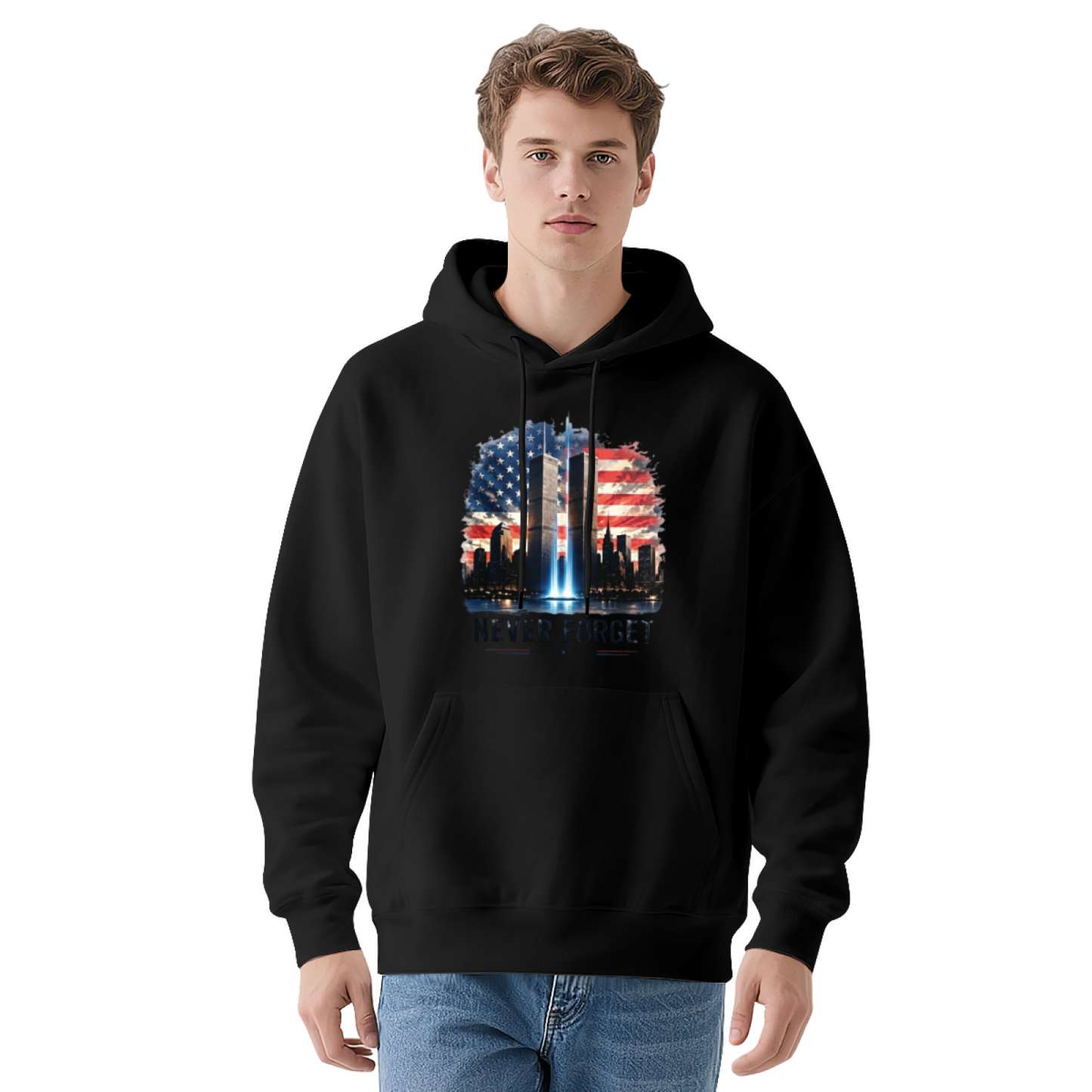 Never Forget 9/11 Watercolor American Flag Twin Towers Hoodie