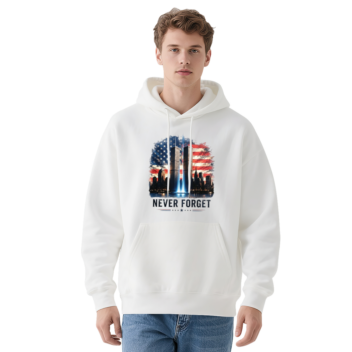 Never Forget 9/11 Watercolor American Flag Twin Towers Hoodie