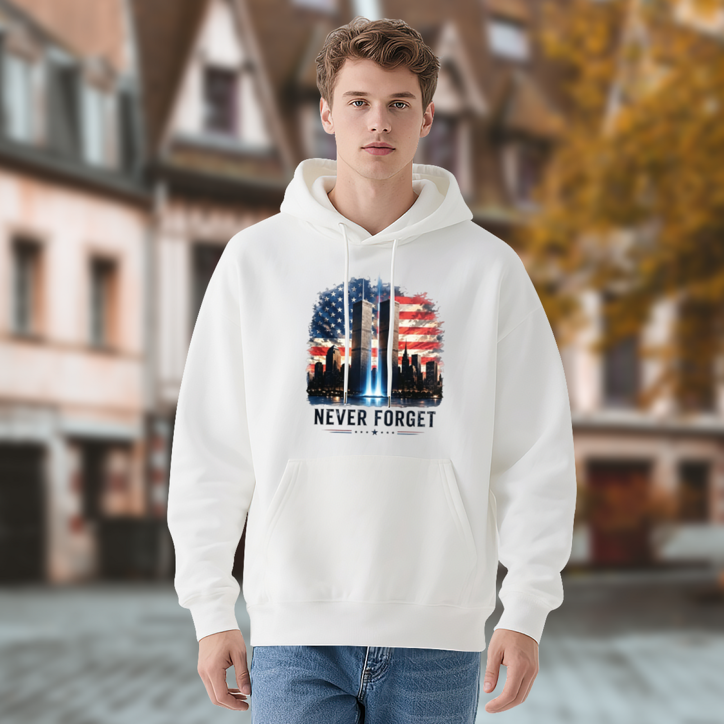 Never Forget 9/11 Watercolor American Flag Twin Towers Hoodie