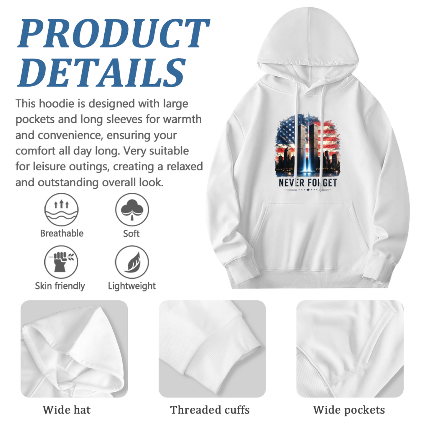 Never Forget 9/11 Watercolor American Flag Twin Towers Hoodie