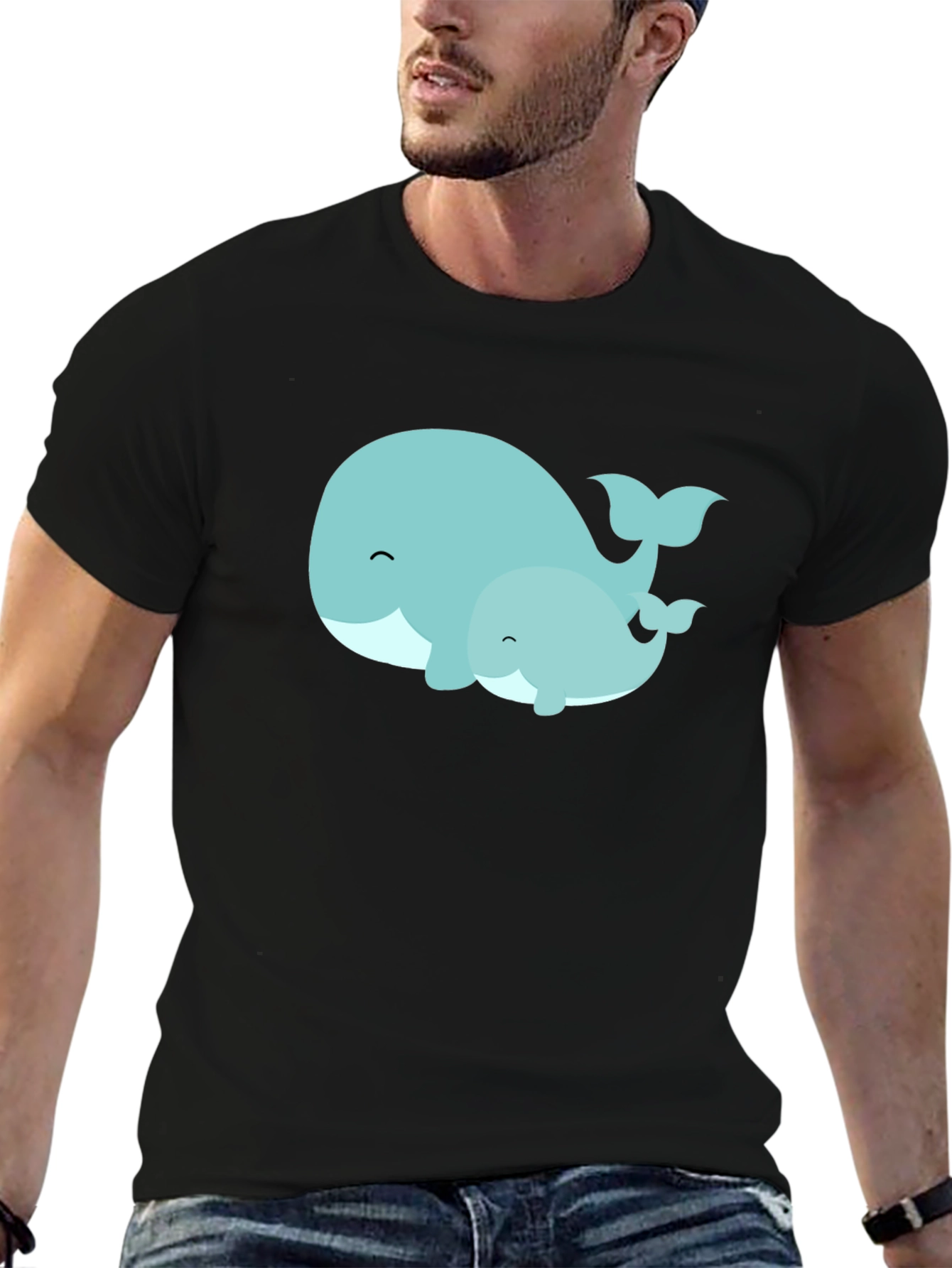 Cute Whale Family Graphic Tee - Black