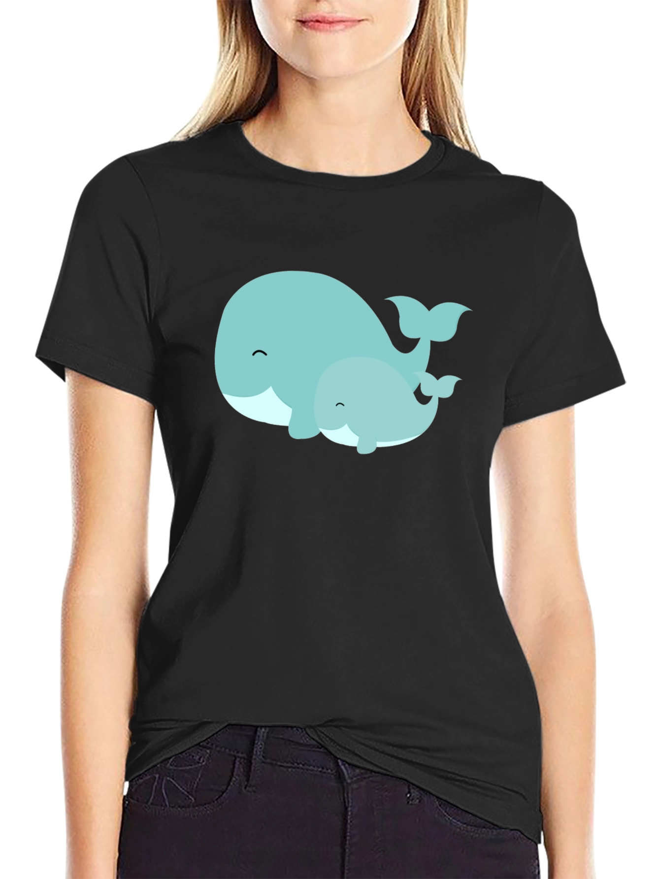 Cute Whale Family Graphic Tee - Black