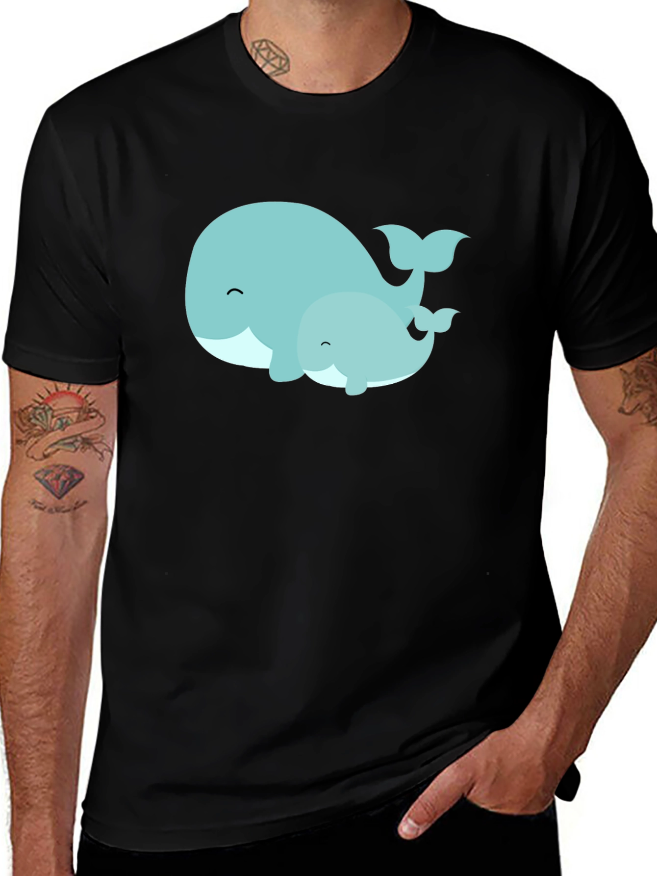 Cute Whale Family Graphic Tee - Black