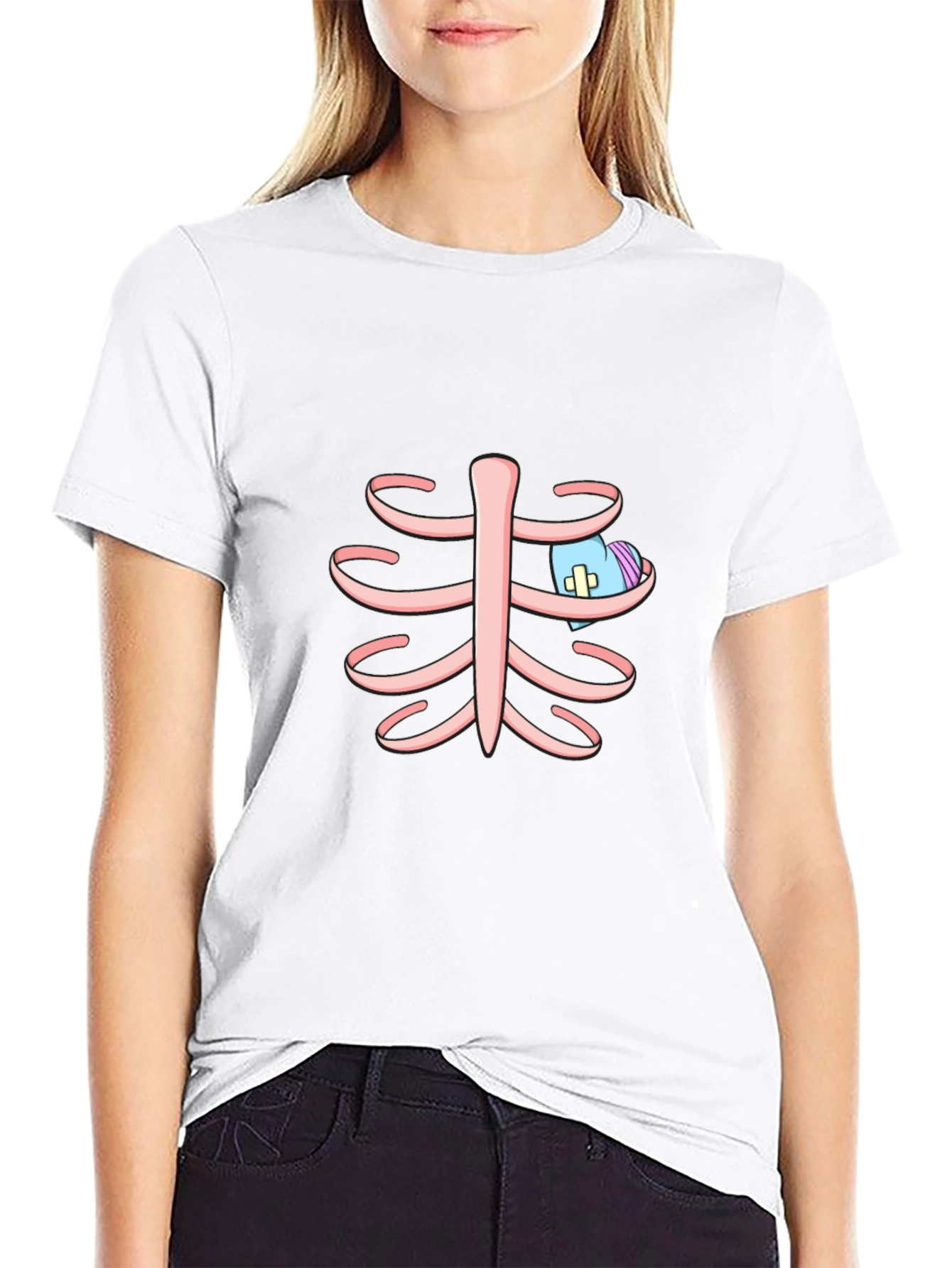 Rib Cage T-Shirt with Cartoon Heart