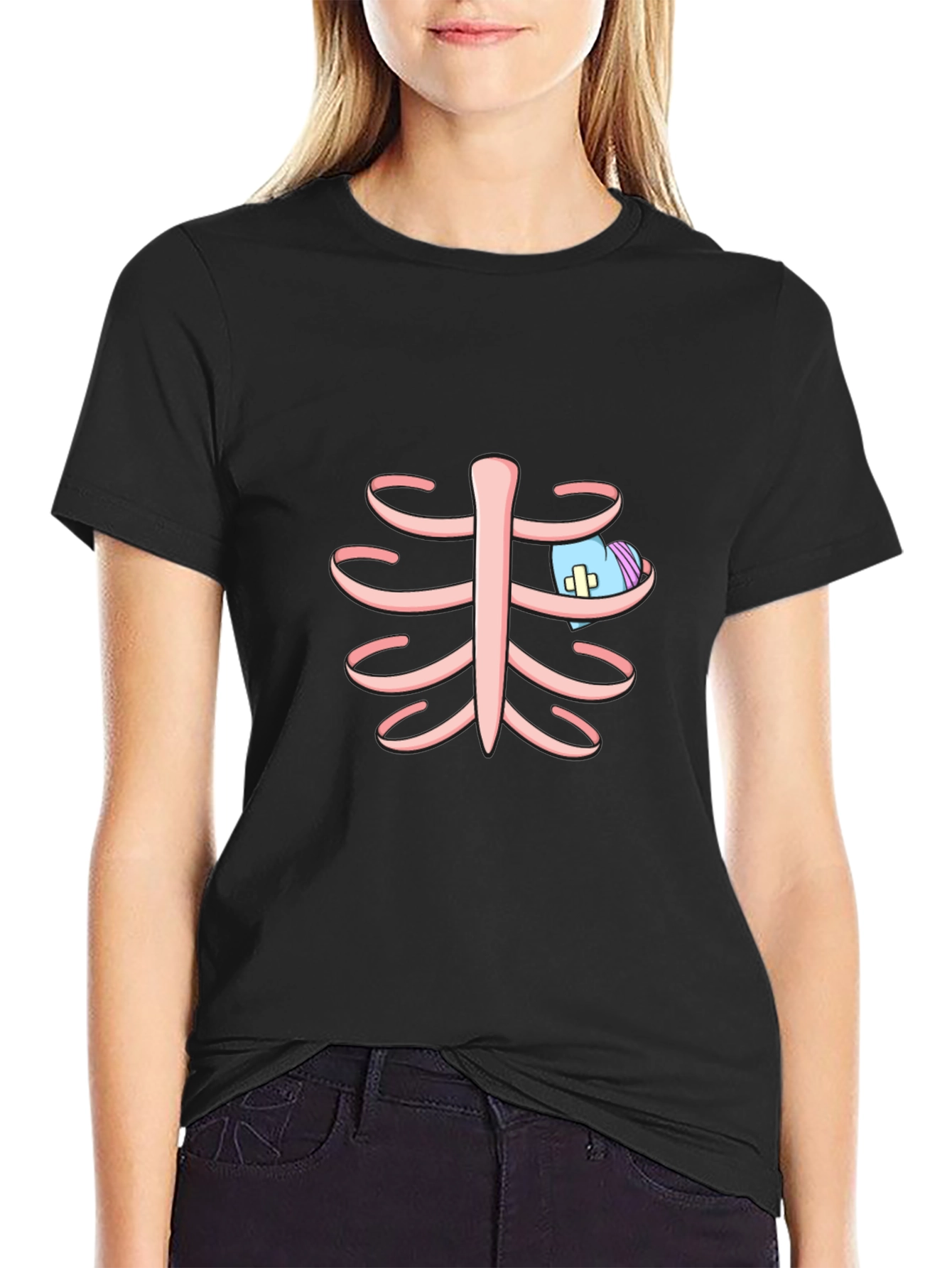 Rib Cage T-Shirt with Cartoon Heart