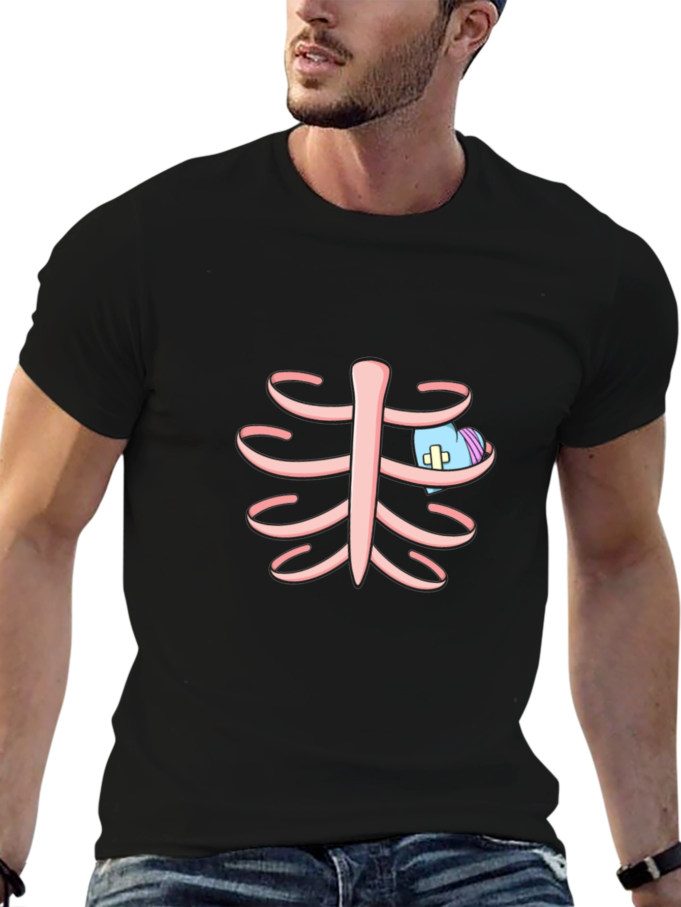 Rib Cage T-Shirt with Cartoon Heart