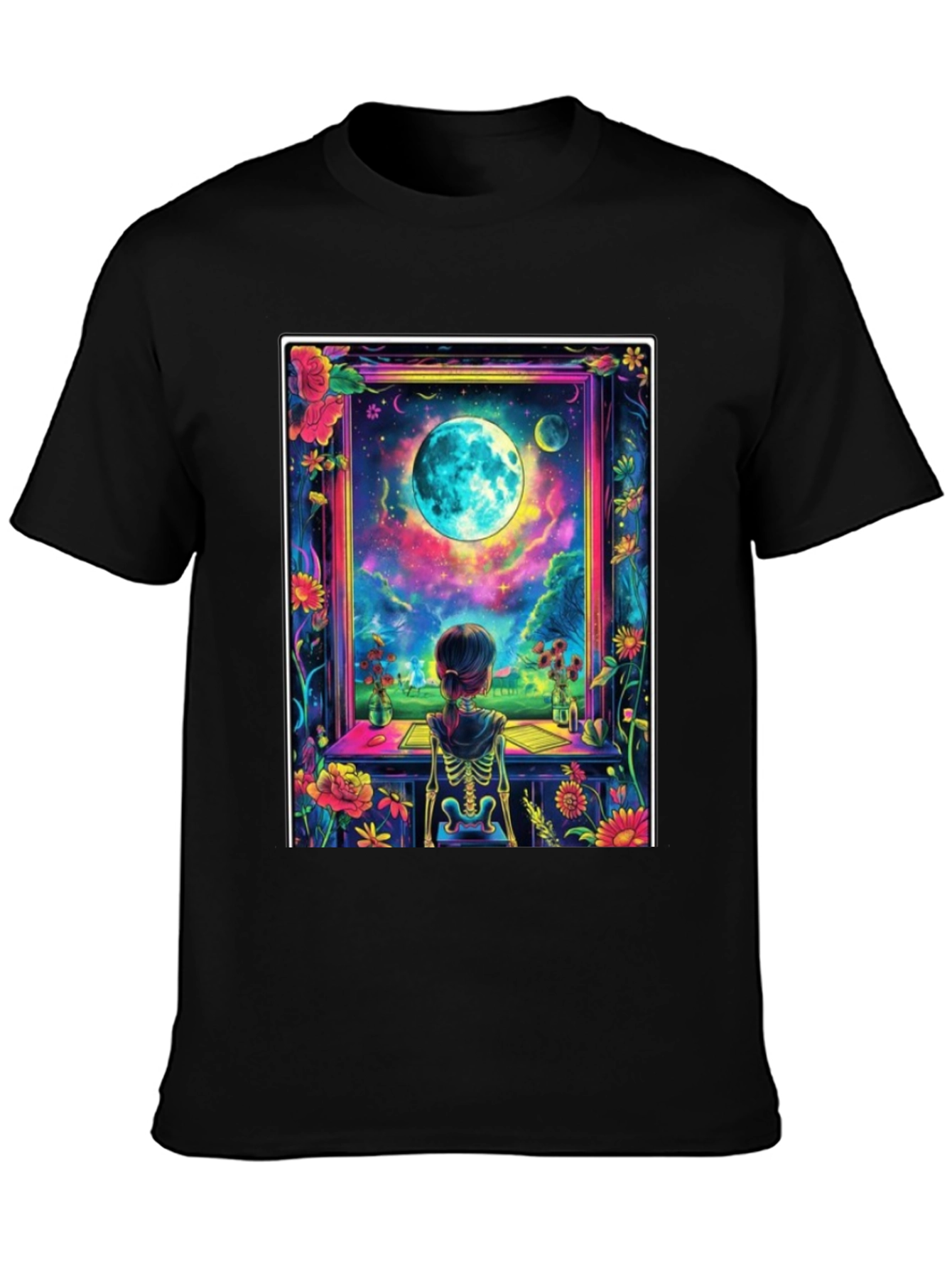Celestial Vision T-Shirt: Girl Moon Flowers