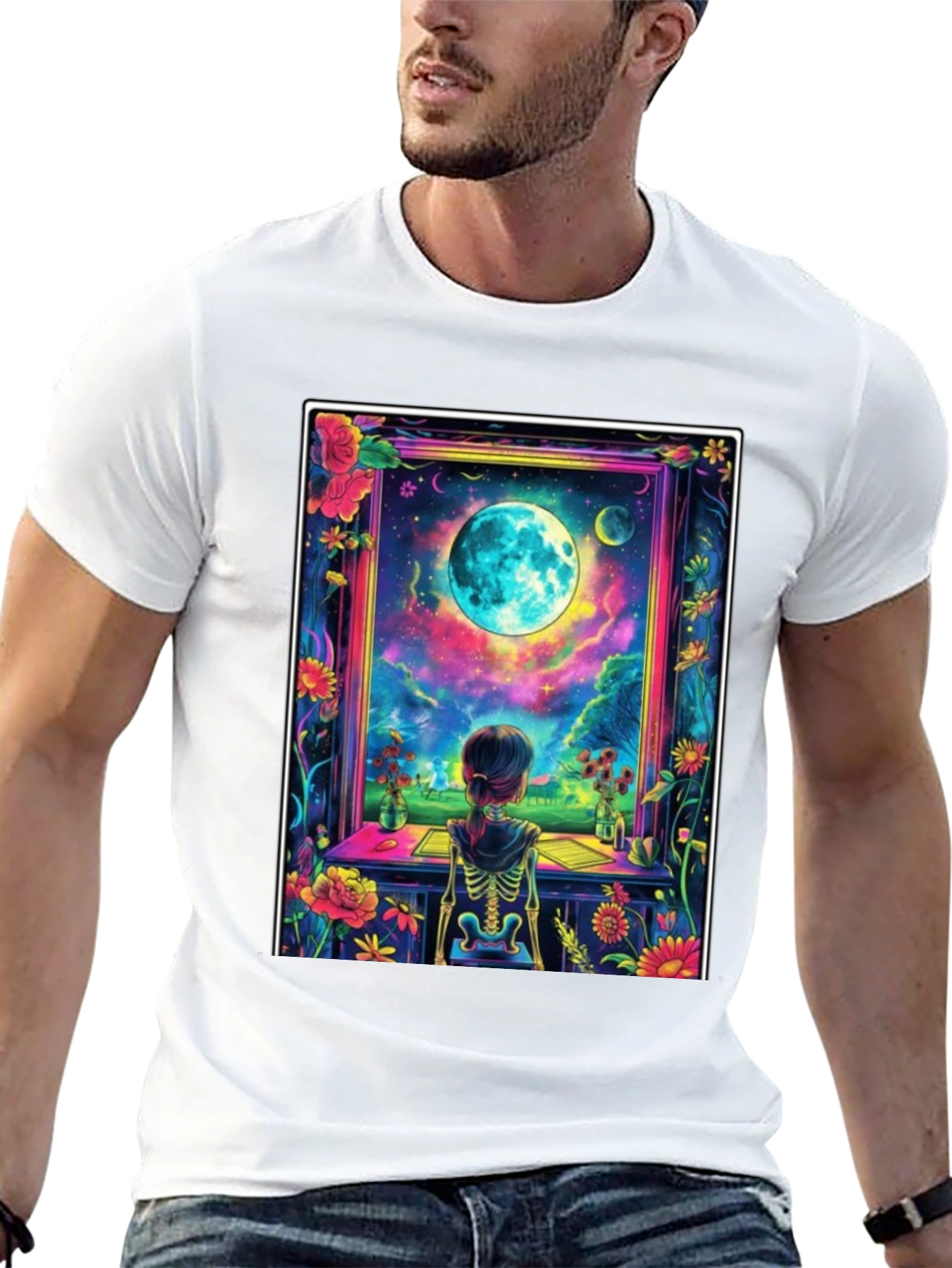 Celestial Vision T-Shirt: Girl Moon Flowers