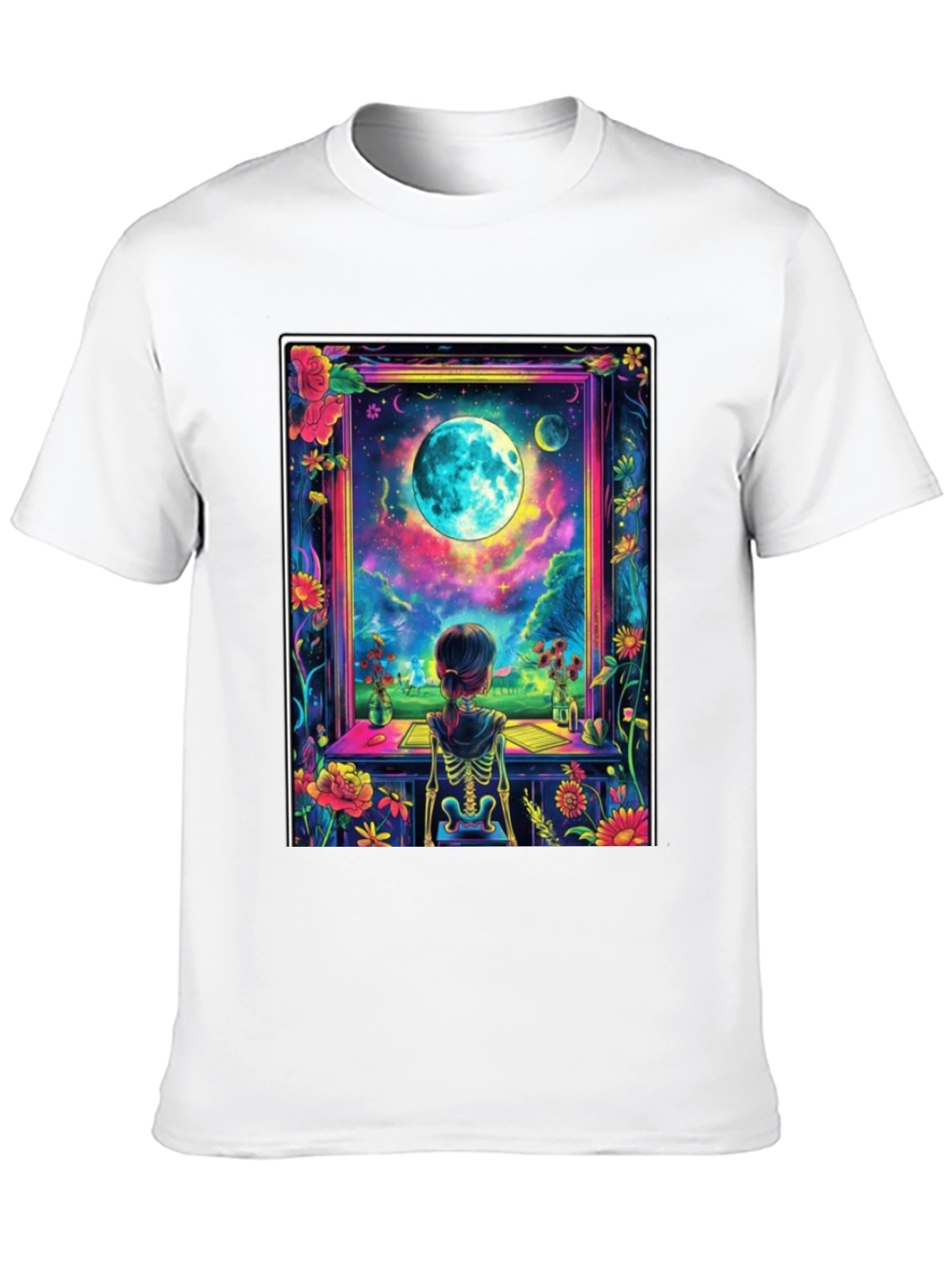 Celestial Vision T-Shirt: Girl Moon Flowers