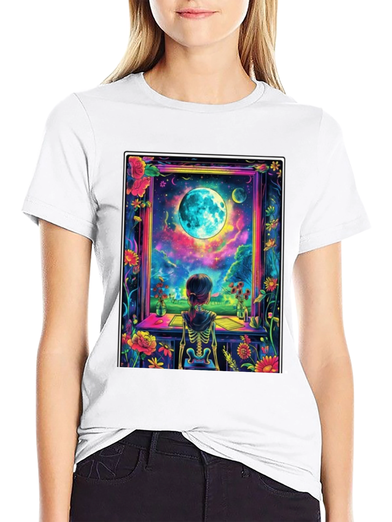 Celestial Vision T-Shirt: Girl Moon Flowers