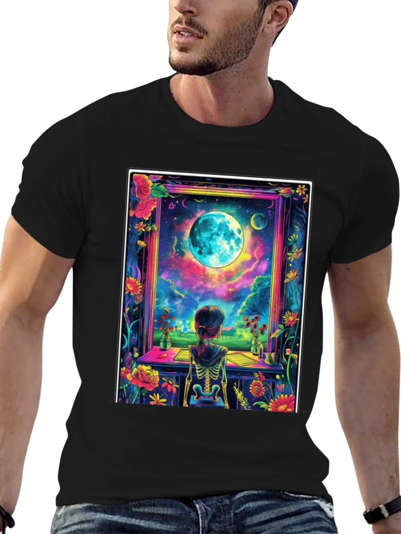 Celestial Vision T-Shirt: Girl Moon Flowers
