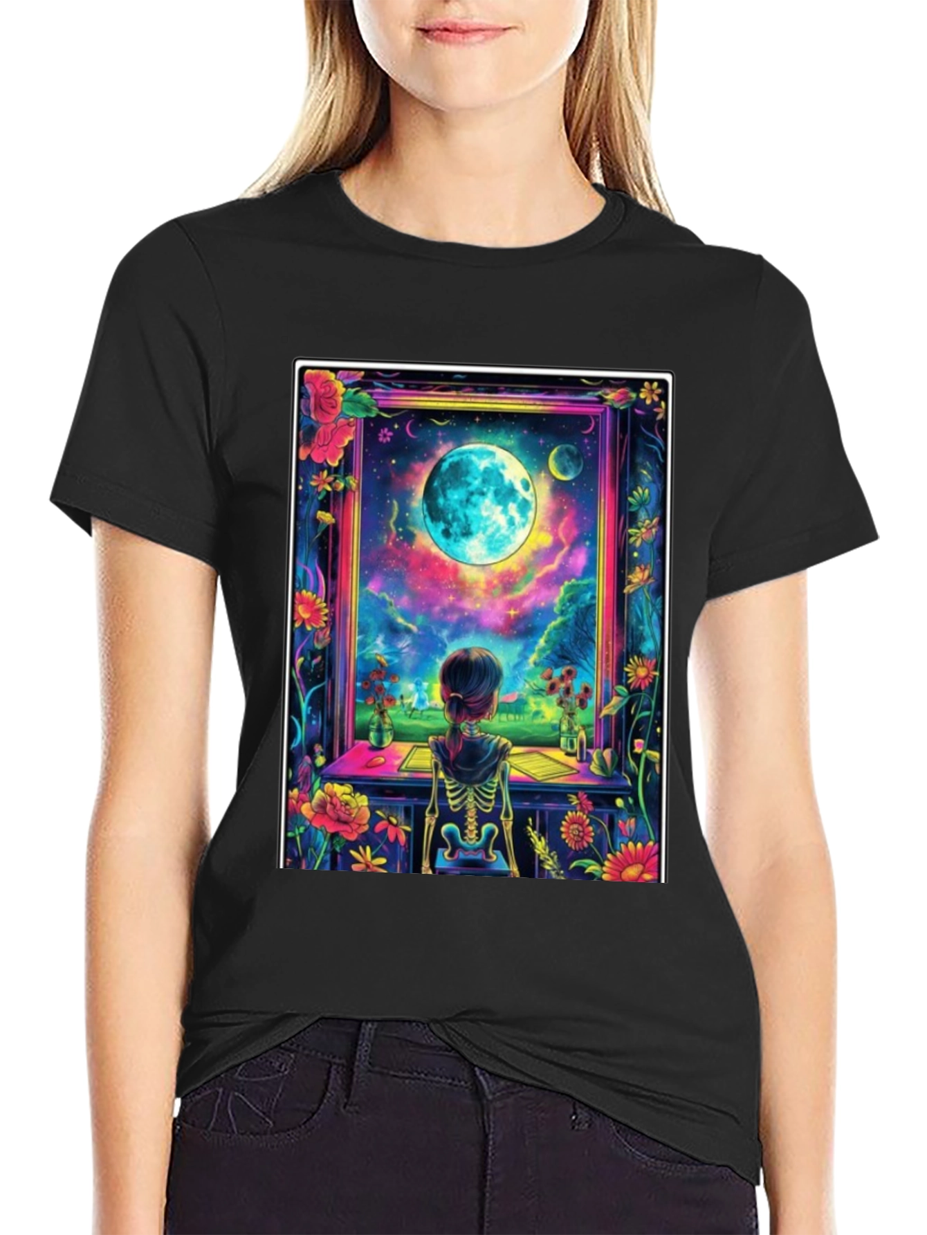 Celestial Vision T-Shirt: Girl Moon Flowers