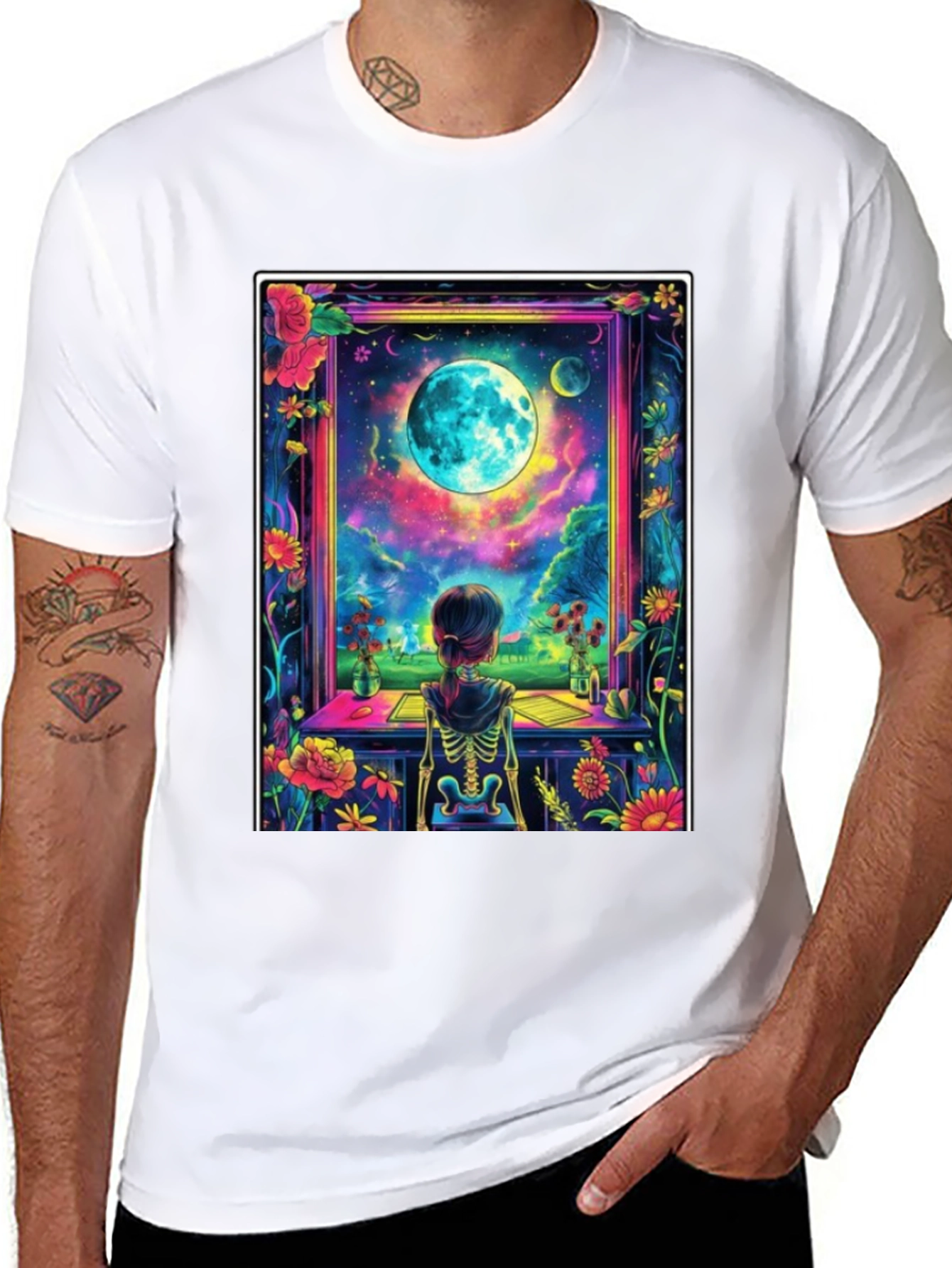 Celestial Vision T-Shirt: Girl Moon Flowers