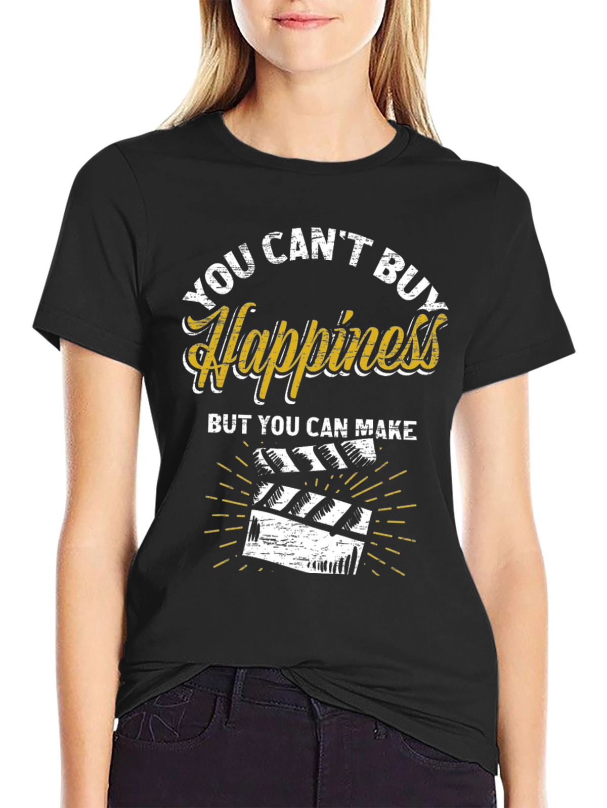 You Cant Buy Happiness Make Movies Black Graphic Tee
