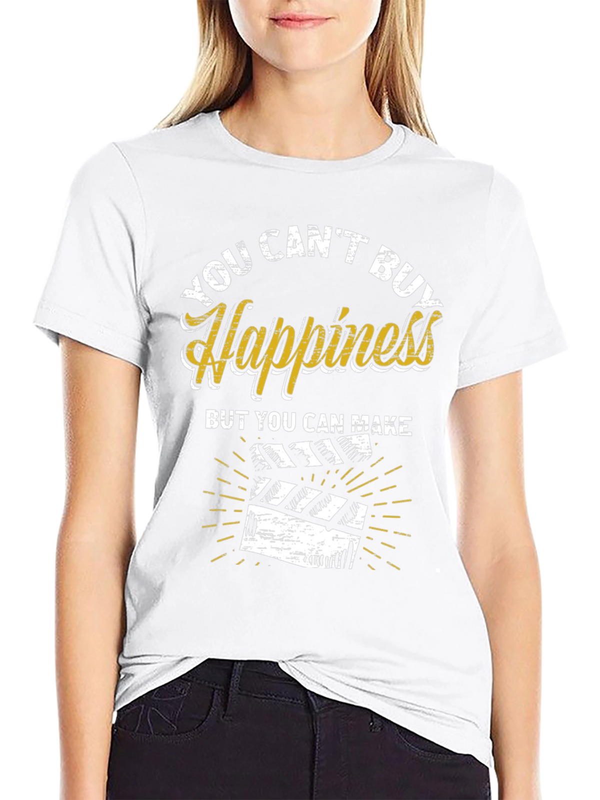 You Cant Buy Happiness Make Movies Black Graphic Tee