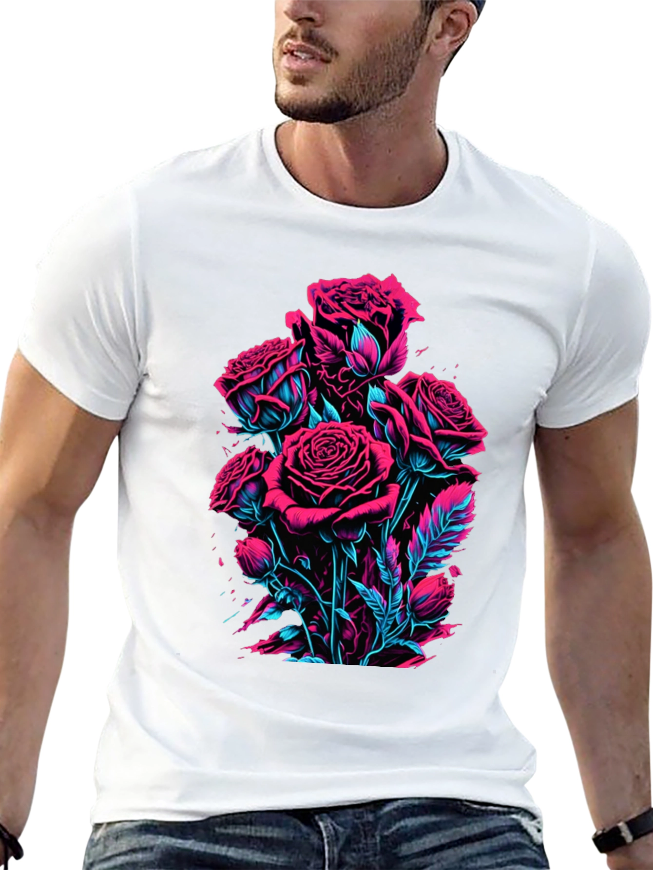 Neon Roses Graphic Black T-Shirt