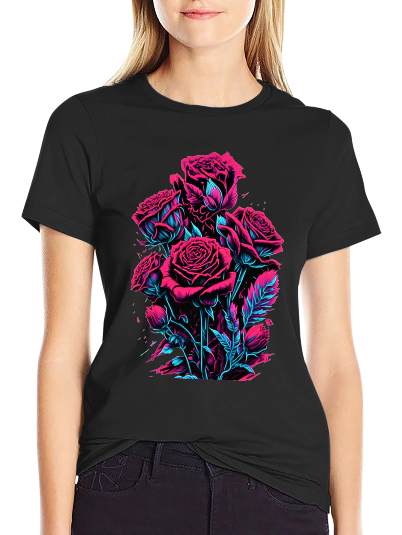Neon Roses Graphic Black T-Shirt