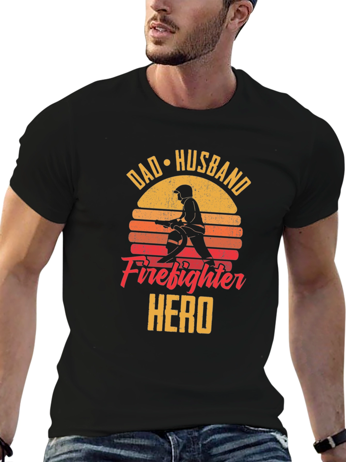 Dad Husband Firefighter Hero Black T-Shirt