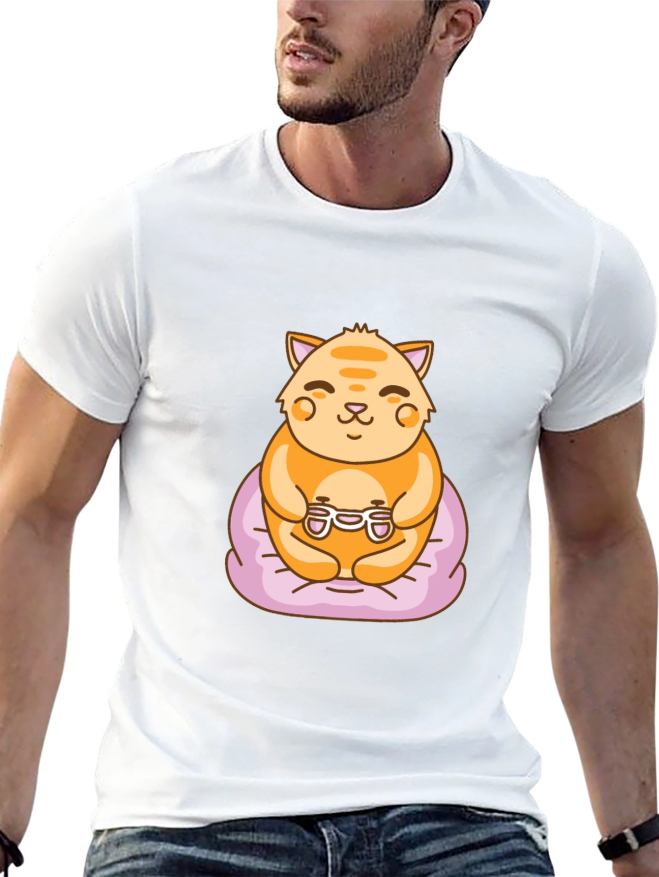 Gamer Cat Graphic Tee - Cute Cartoon T-Shirt