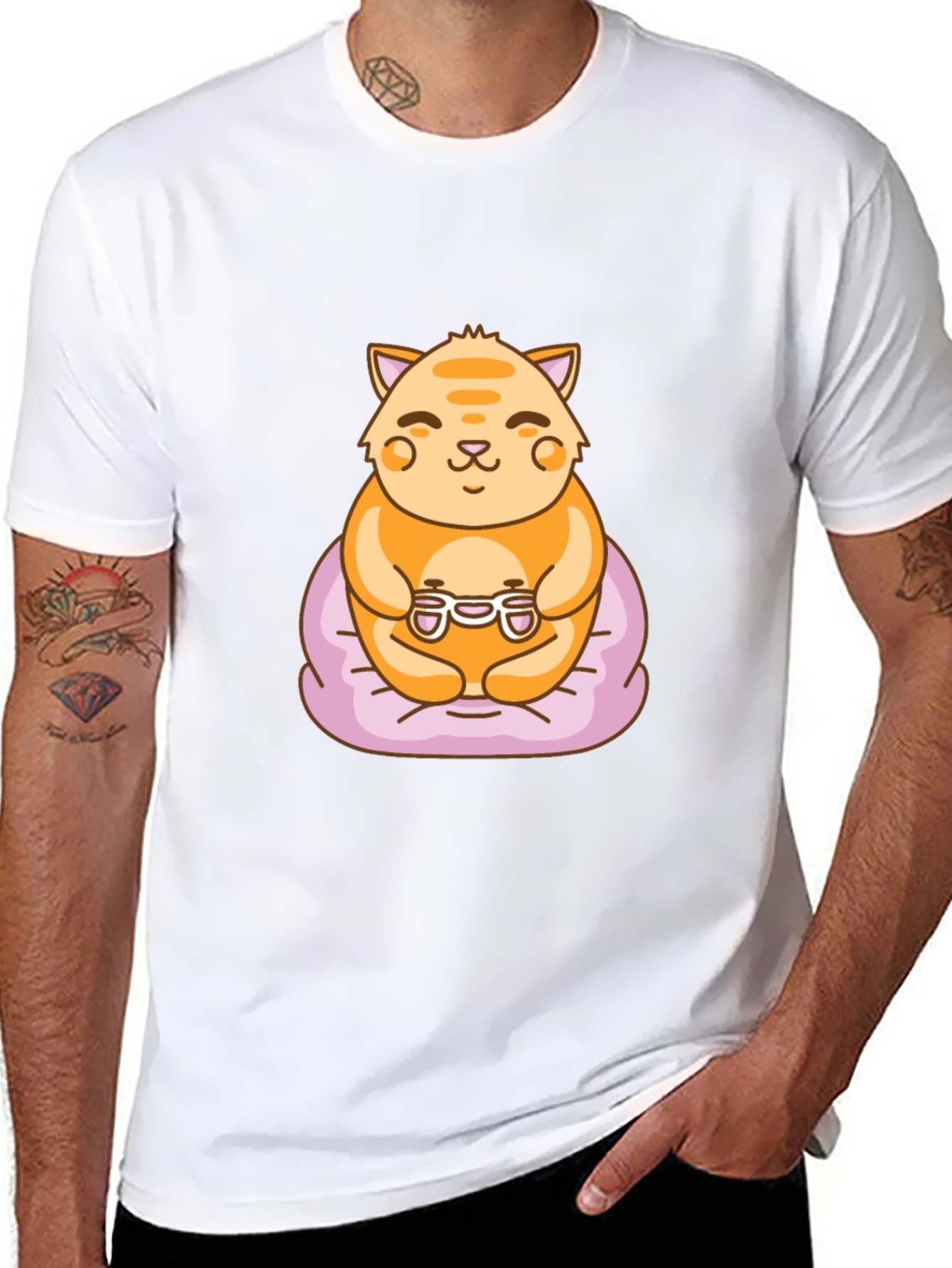 Gamer Cat Graphic Tee - Cute Cartoon T-Shirt