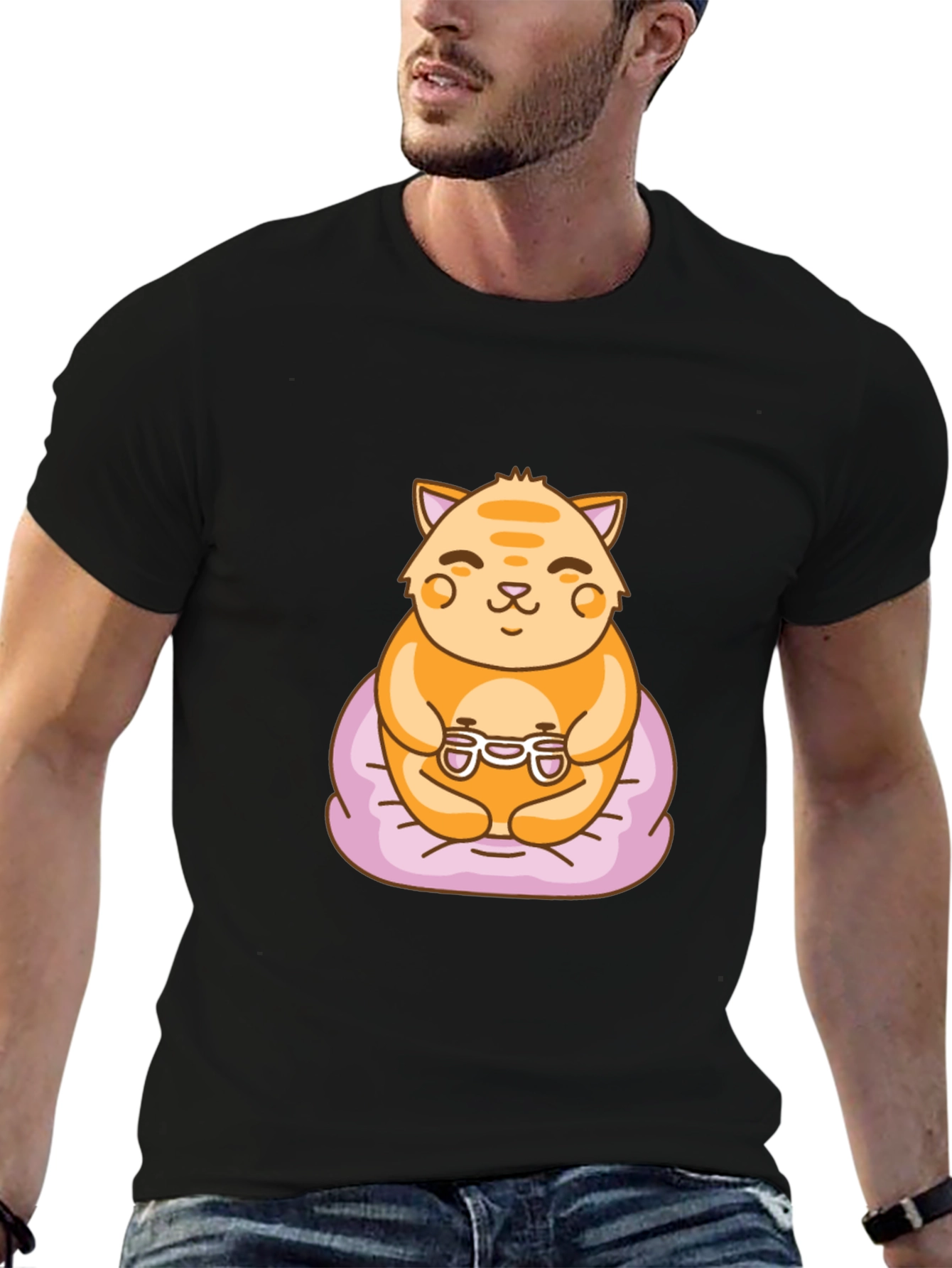 Gamer Cat Graphic Tee - Cute Cartoon T-Shirt