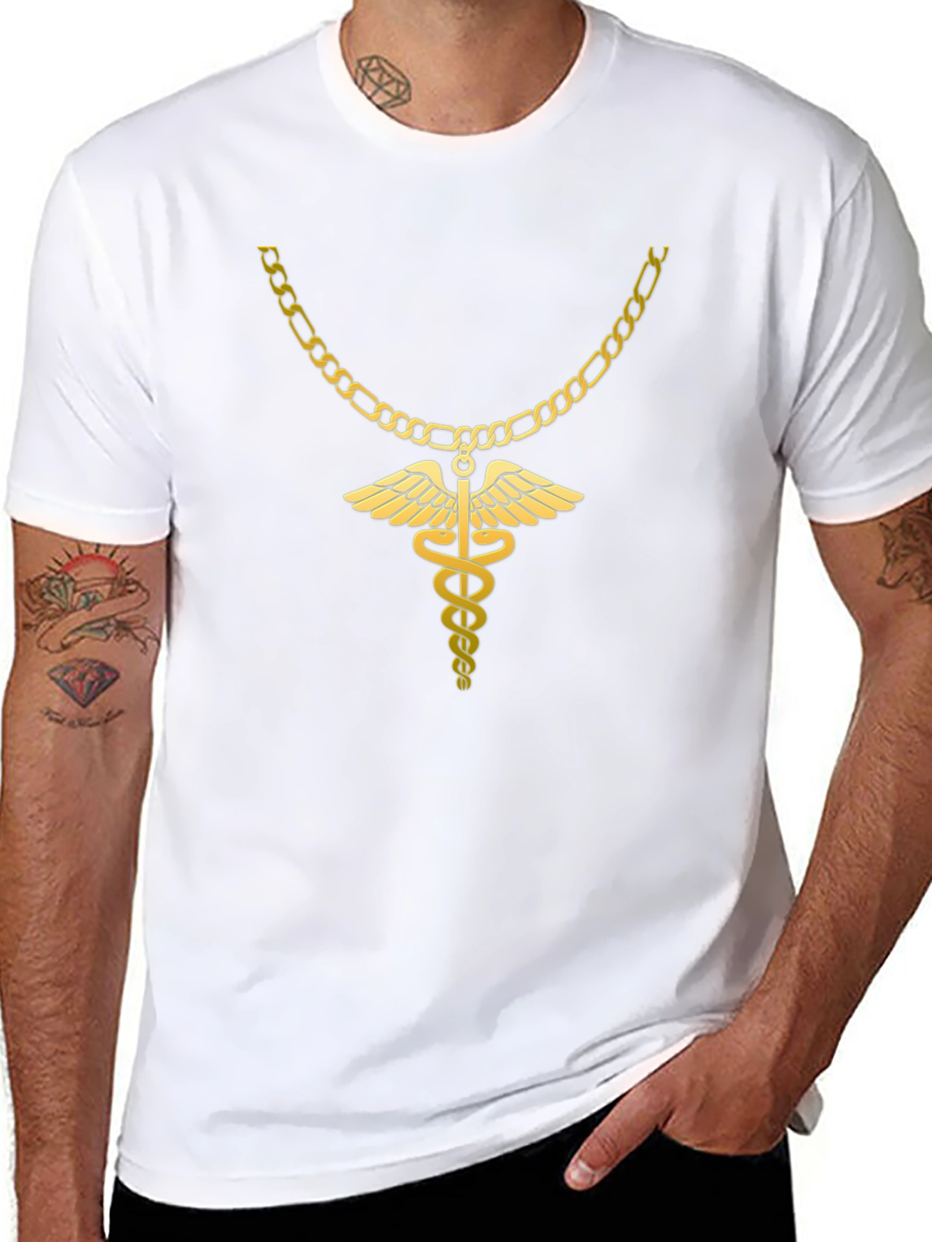 Caduceus Gold Chain Black T-Shirt