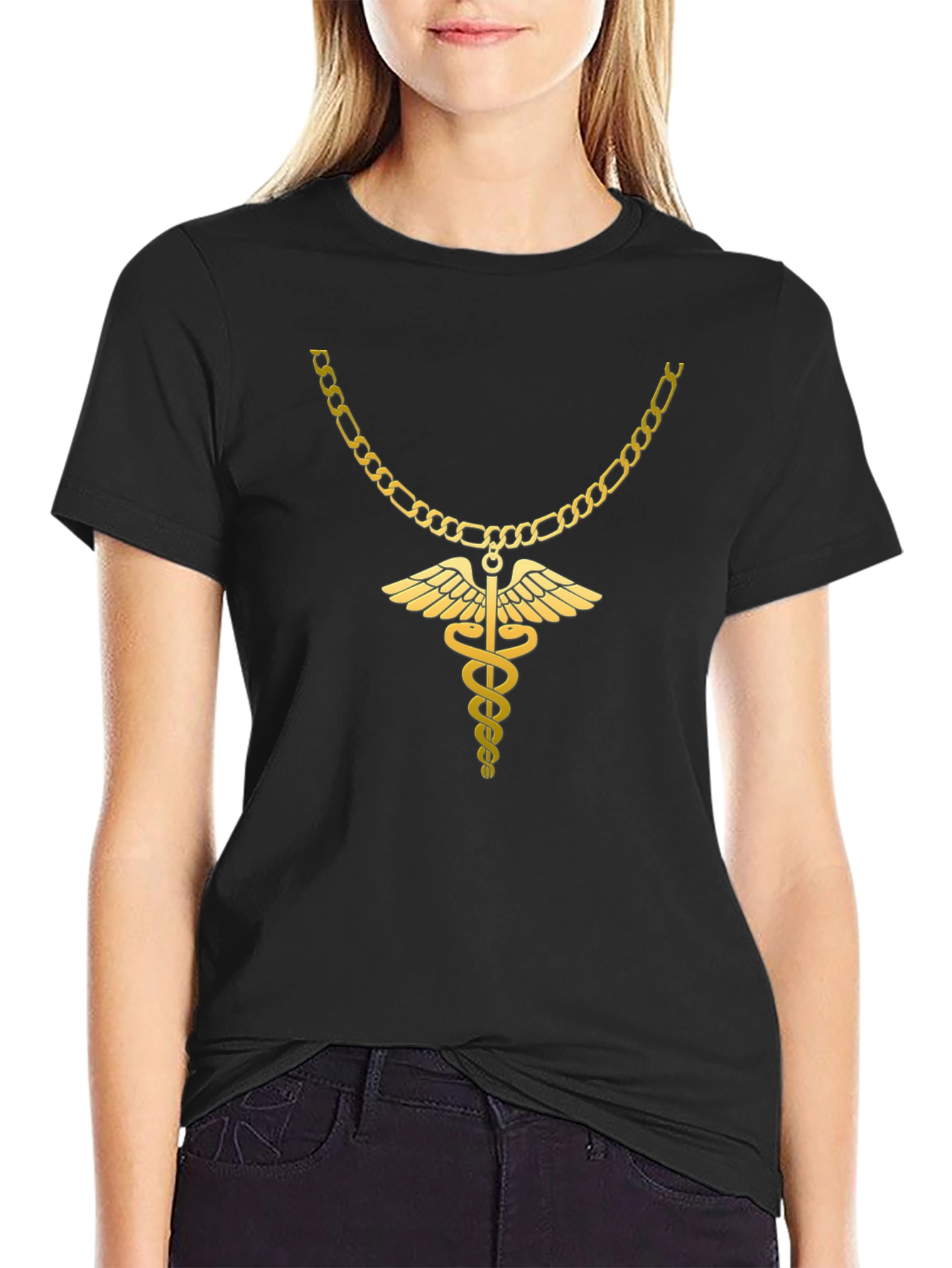 Caduceus Gold Chain Black T-Shirt