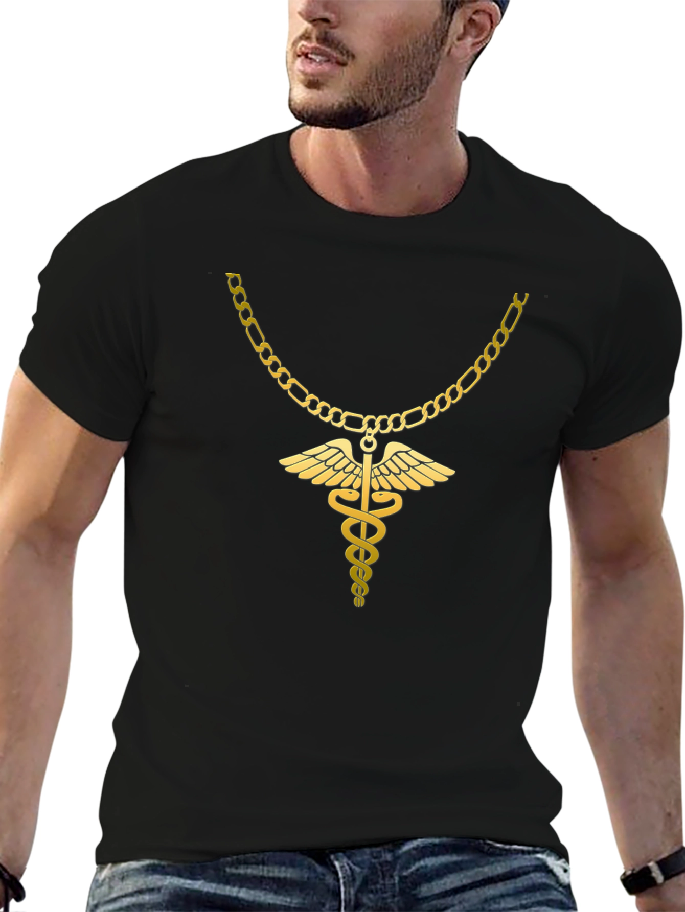 Caduceus Gold Chain Black T-Shirt