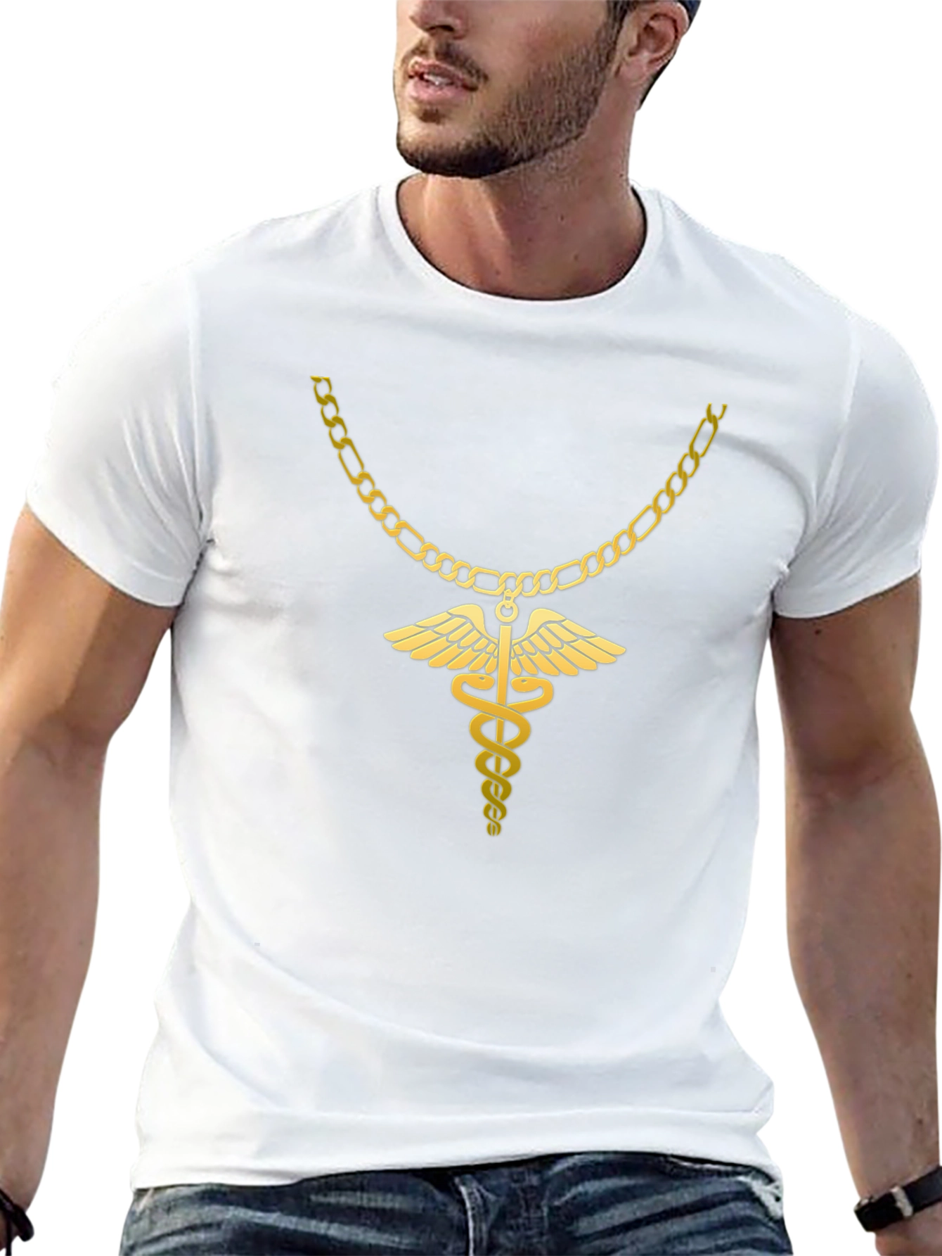 Caduceus Gold Chain Black T-Shirt
