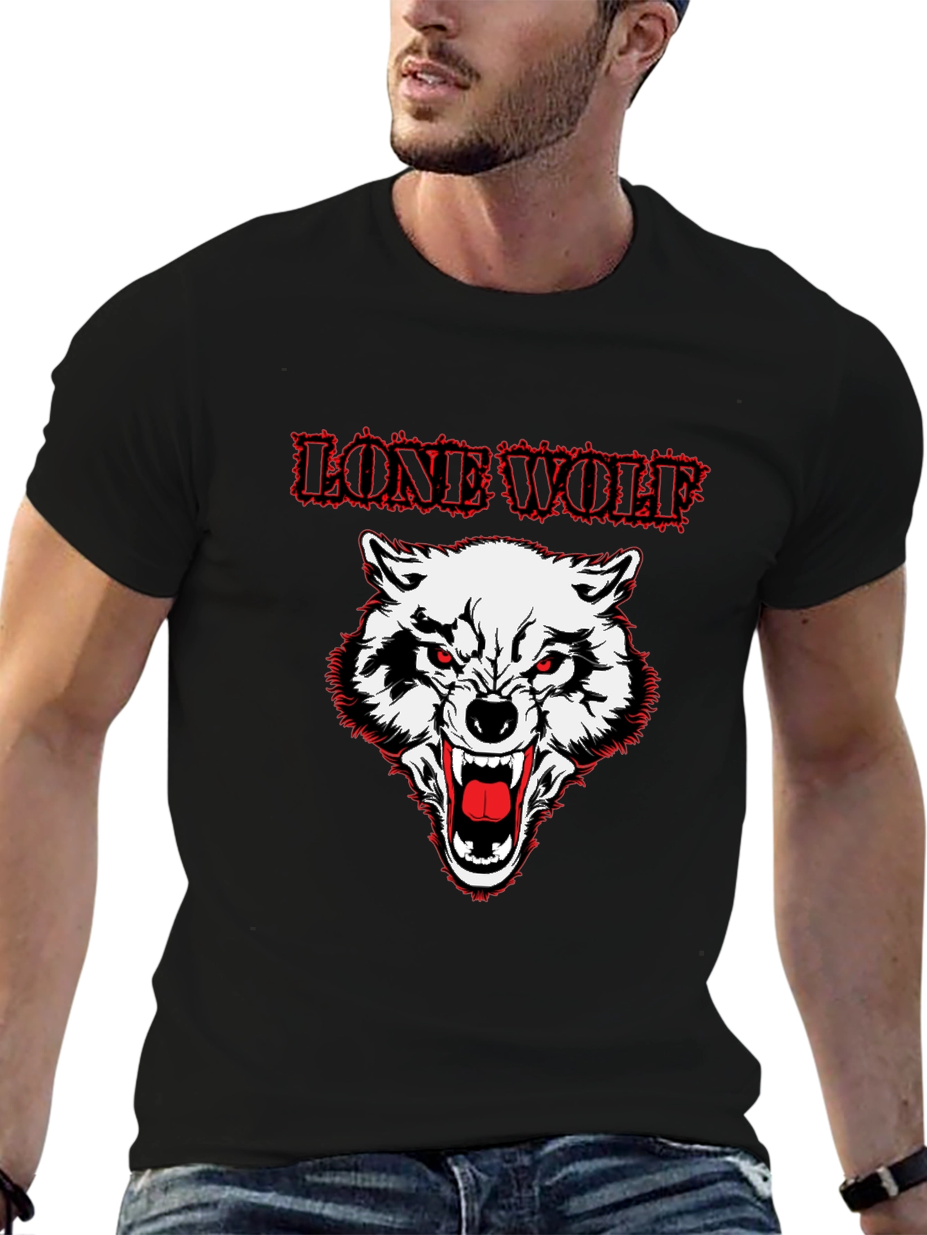 Lone Wolf Graphic Print Crew Neck T-Shirt - Black